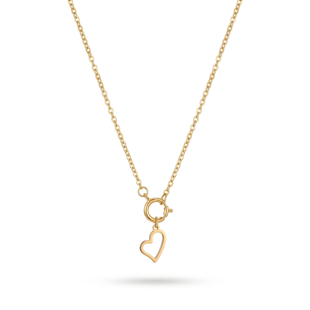 QIAOREN 11961 Pendant Necklaces Gold Plated Stainless Steel Hollow Open Heart Charm Rolo Chain Necklace