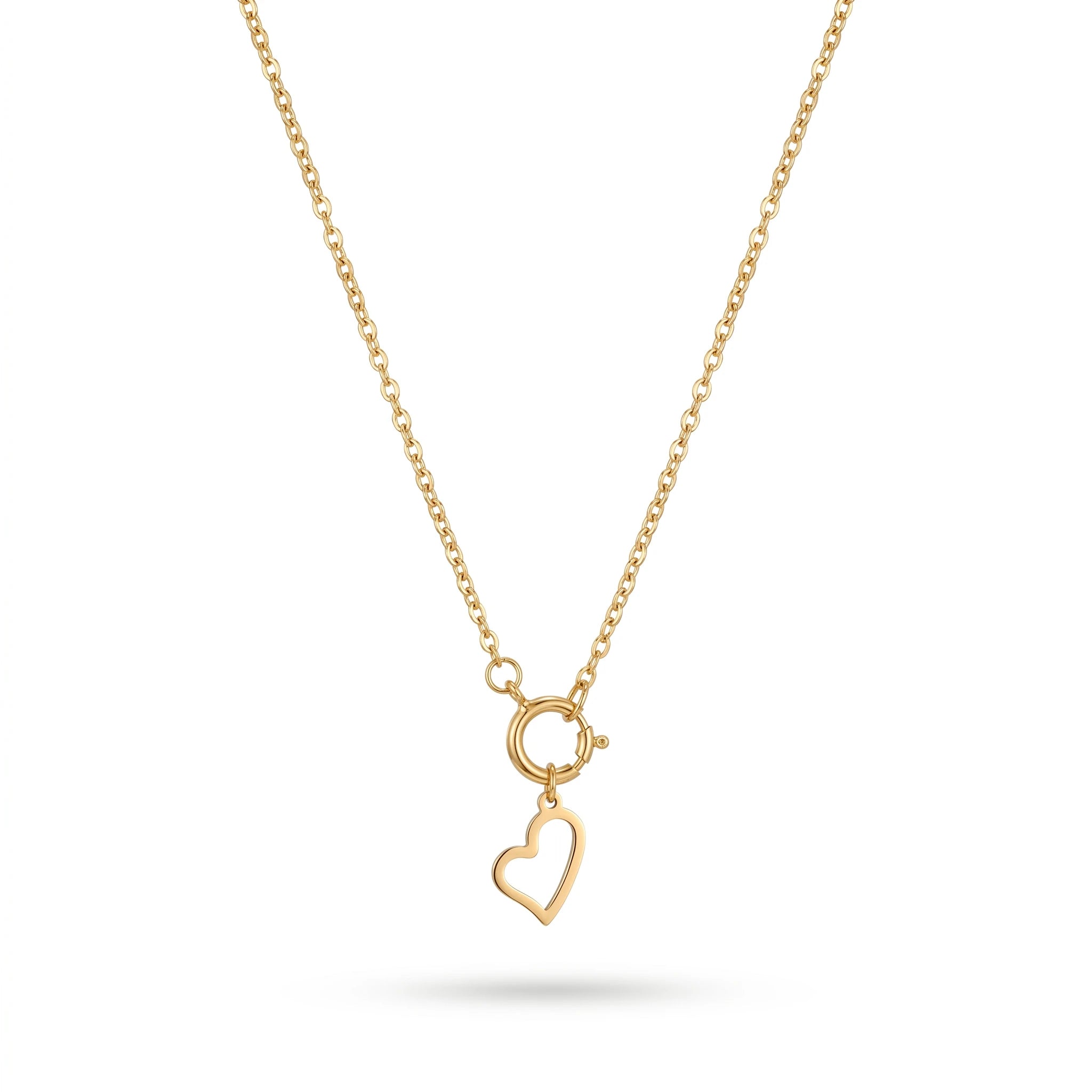 QIAOREN 11961 Pendant Necklaces Gold Plated Stainless Steel Hollow Open Heart Charm Rolo Chain Necklace