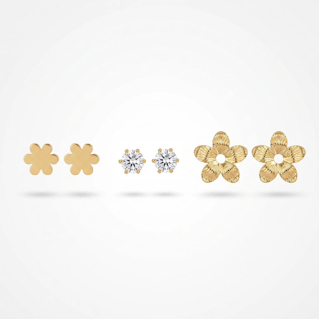 QIAOREN 13254  3 PCS Set 18K Gold Plated Stainless Steel Flower Zircon Stud Earrings Set Solid Plain Flower Round CZ