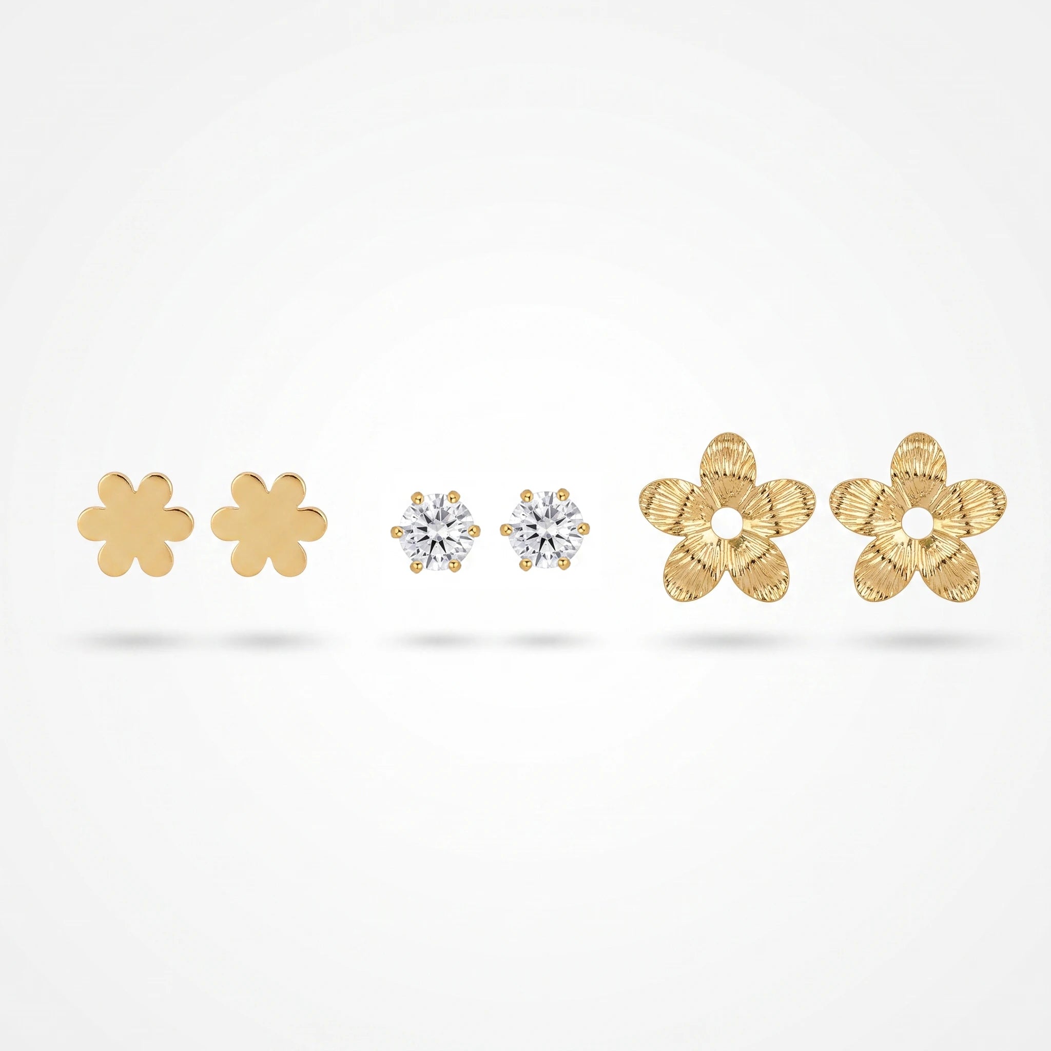 QIAOREN 13254  3 PCS Set 18K Gold Plated Stainless Steel Flower Zircon Stud Earrings Set Solid Plain Flower Round CZ