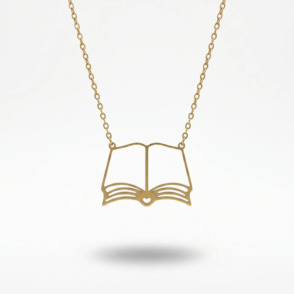 QIAOREN 10806 Hypoallergenic Gold Plated Stainless Steel Open Book Charm Necklace Unisex Dainty Trendy Everyday Bookish Jewelry