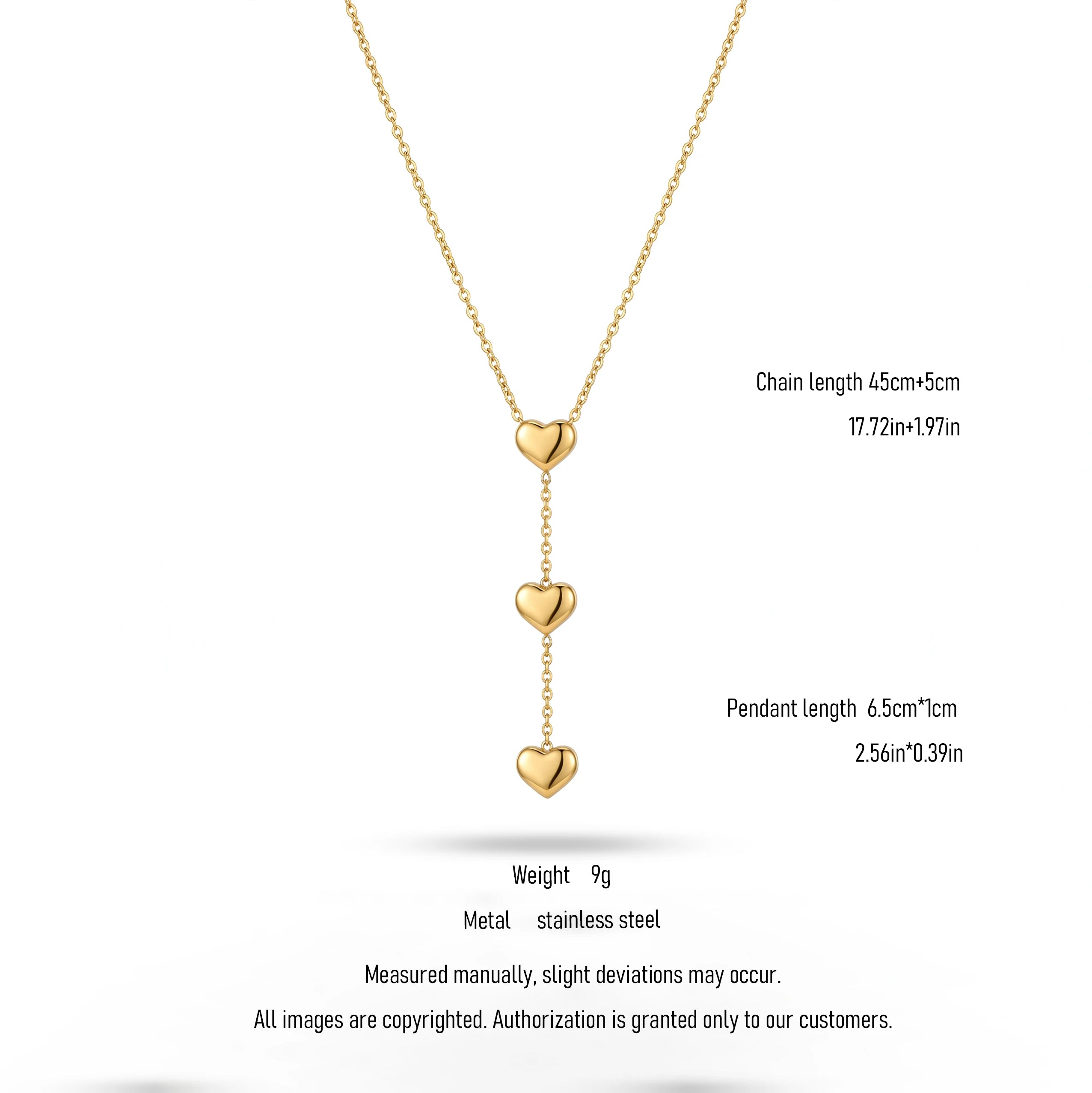 QIAOREN 10808 Trendy Gold Plated Tarnish Resistant Stainless Steel Tiered Heart Drop Necklace Minimalist Y-Shaped Jewelry