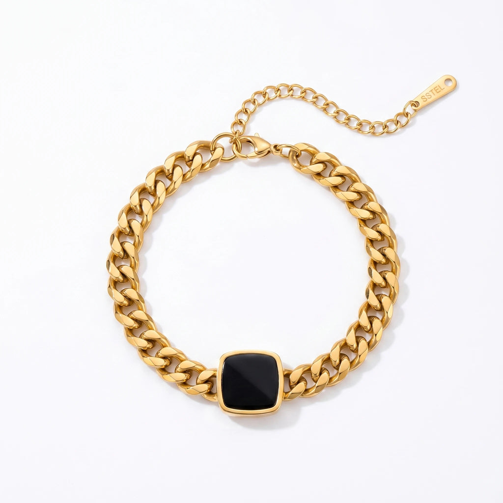 QIAOREN 10786 18K Gold Plated Stainless Steel Cuban Bracelet Black Square Onyx Pendant Waterproof Non Tarnish Adjustable Jewelry