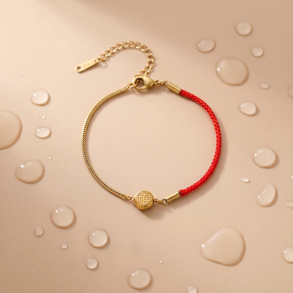 QIAOREN 13302 Lucky Red Cord Bracelet Stainless Steel Twist Chain Gold Fu Disc Adjustable Extender Chinese Style