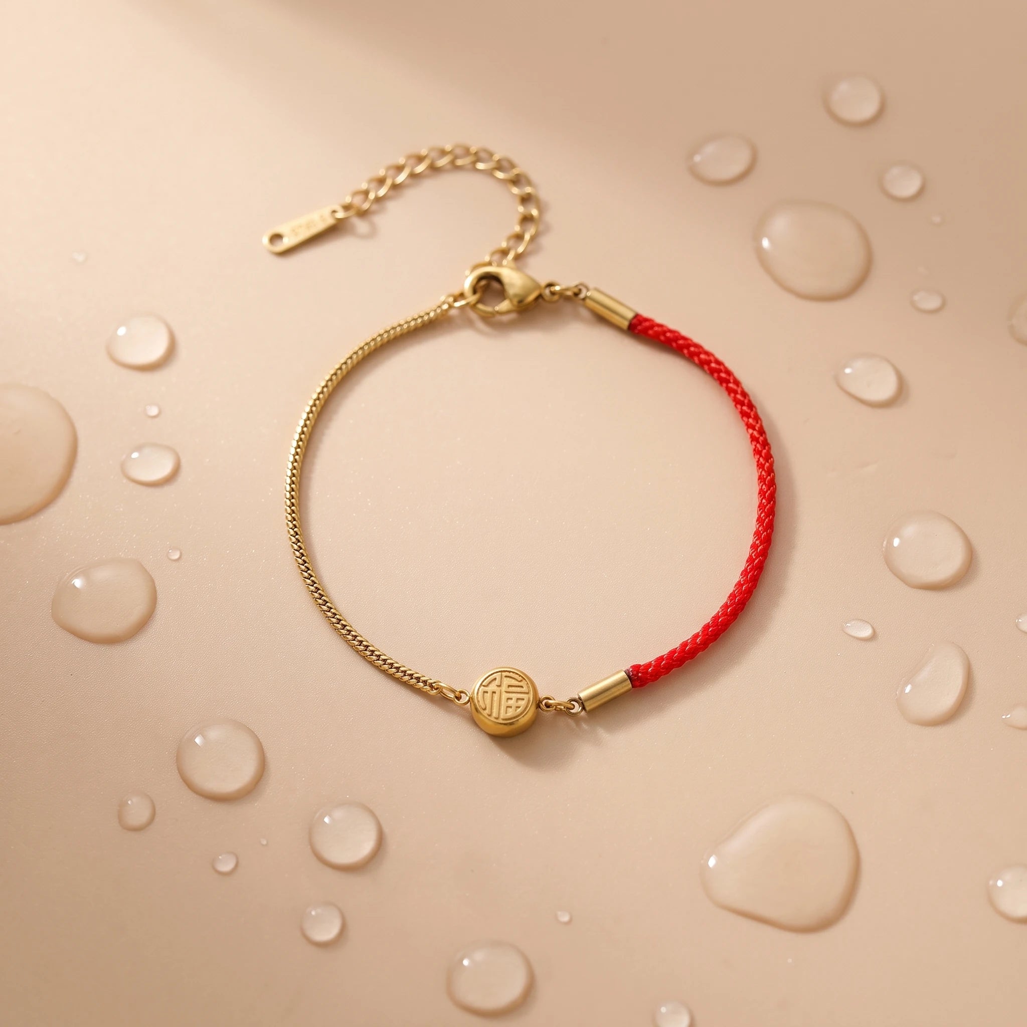QIAOREN 13302 Lucky Red Cord Bracelet Stainless Steel Twist Chain Gold Fu Disc Adjustable Extender Chinese Style