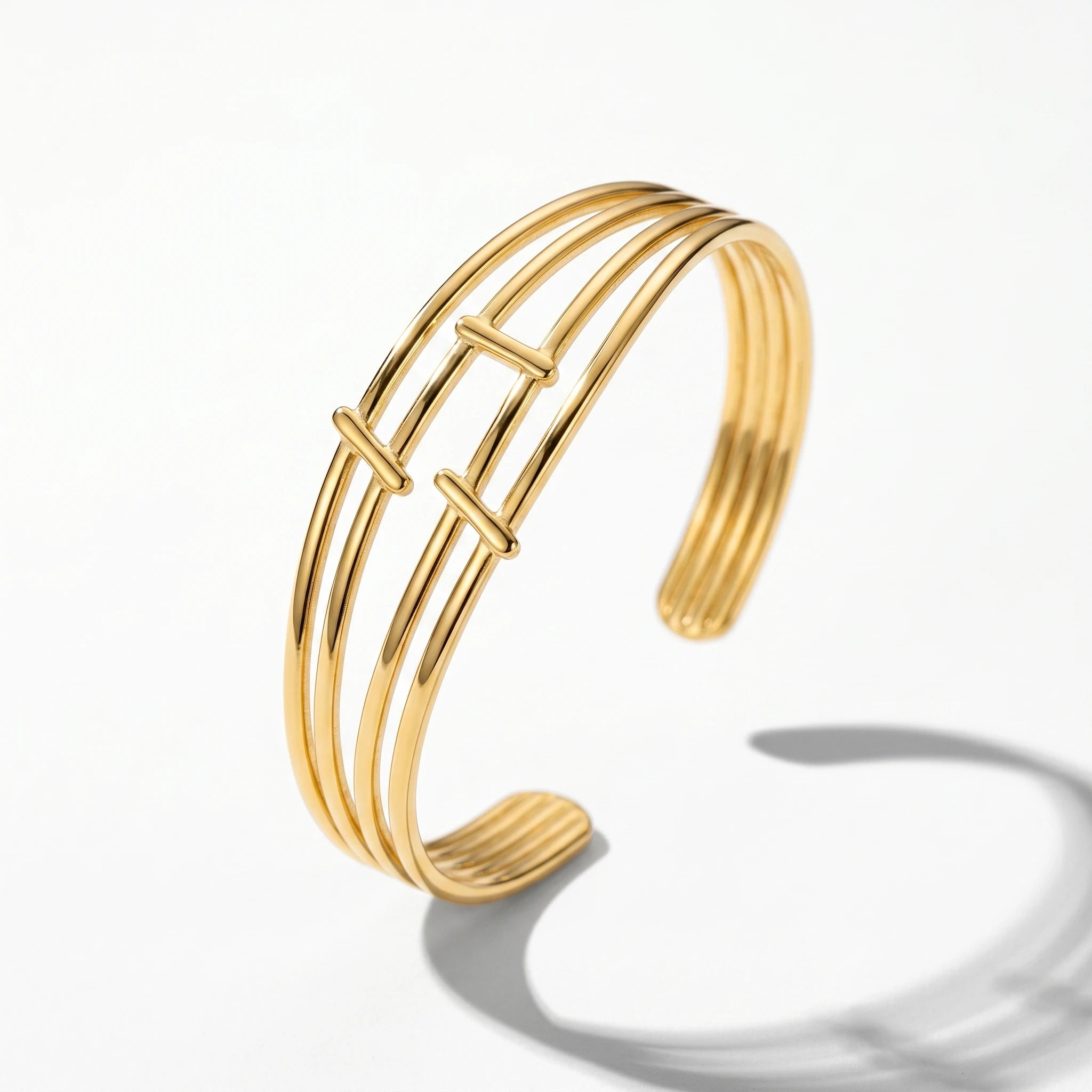 QIAOREN 12672 Sleek Triple Parallel Linked Rod Adjustable Open Cuff Bracelet Tarnish Free Stainless Steel 18K Gold  Line Wrist
