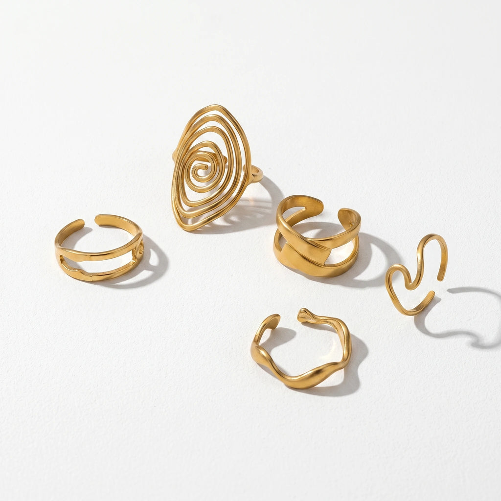 QIAOREN 5Pcs 18K Gold Plated Stainless Steel Adjustable Open Ring Set Spiral Wave Stackable Statement Rings for Women