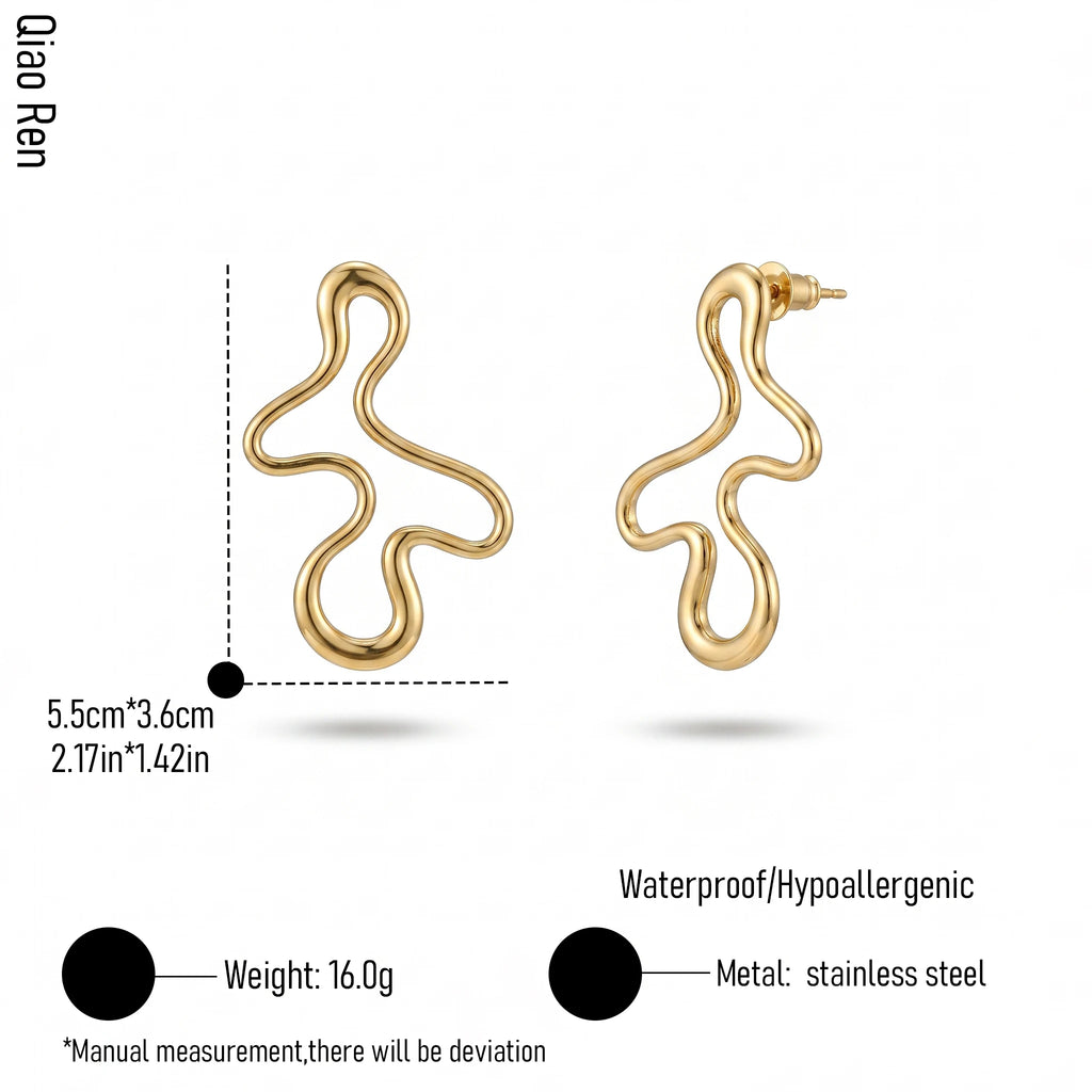 QIAOREN 14061 Polished Gold Abstract Wavy Open Stud Earrings, Irregular Fluid Squiggle Line Hollow Shape Ear Stud Jewelry Gift