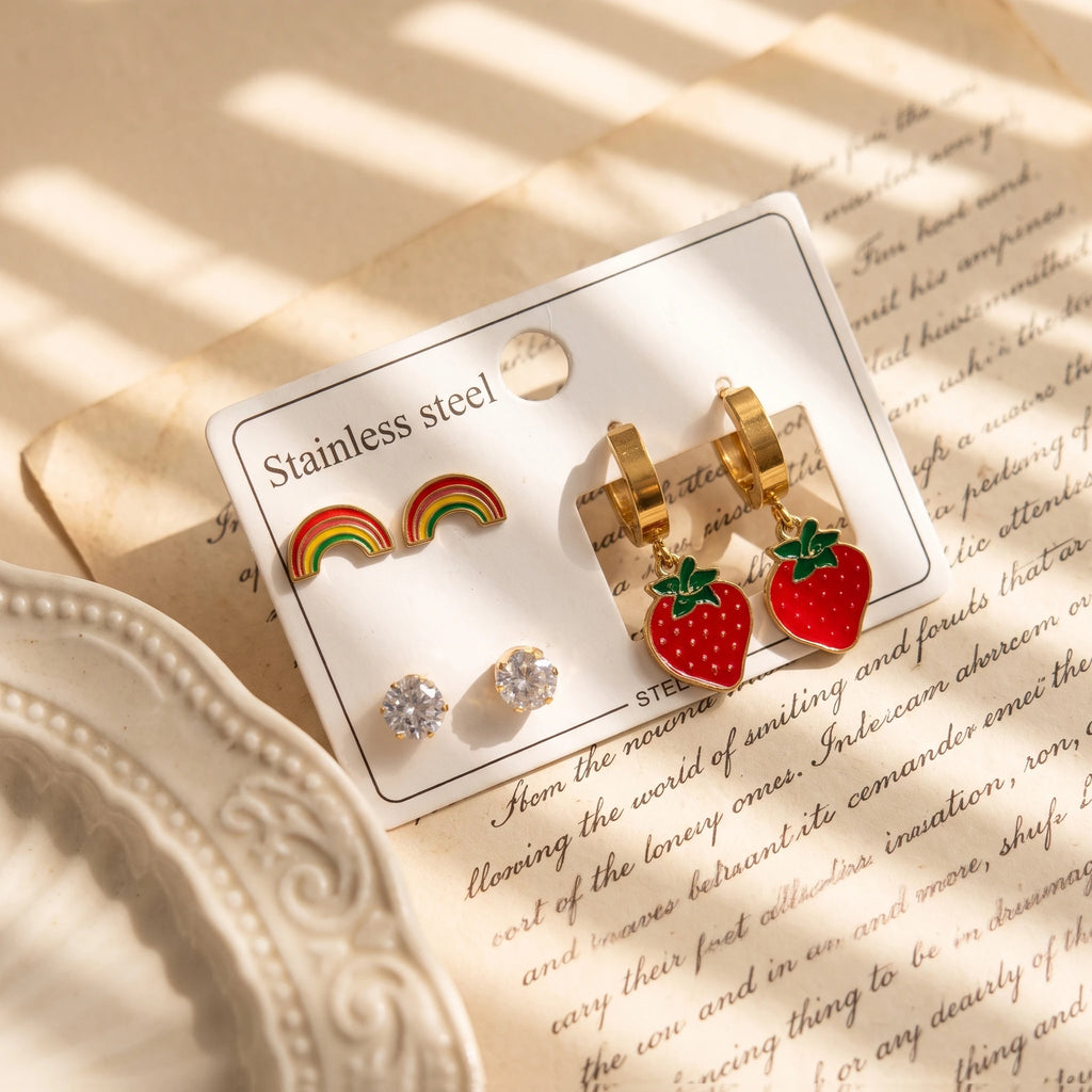 QIAOREN 14530 Waterproof Stainless Steel Strawberry Earrings Set Rainbow Hoop Stud Earrings CZ Crystal Jewelry Women