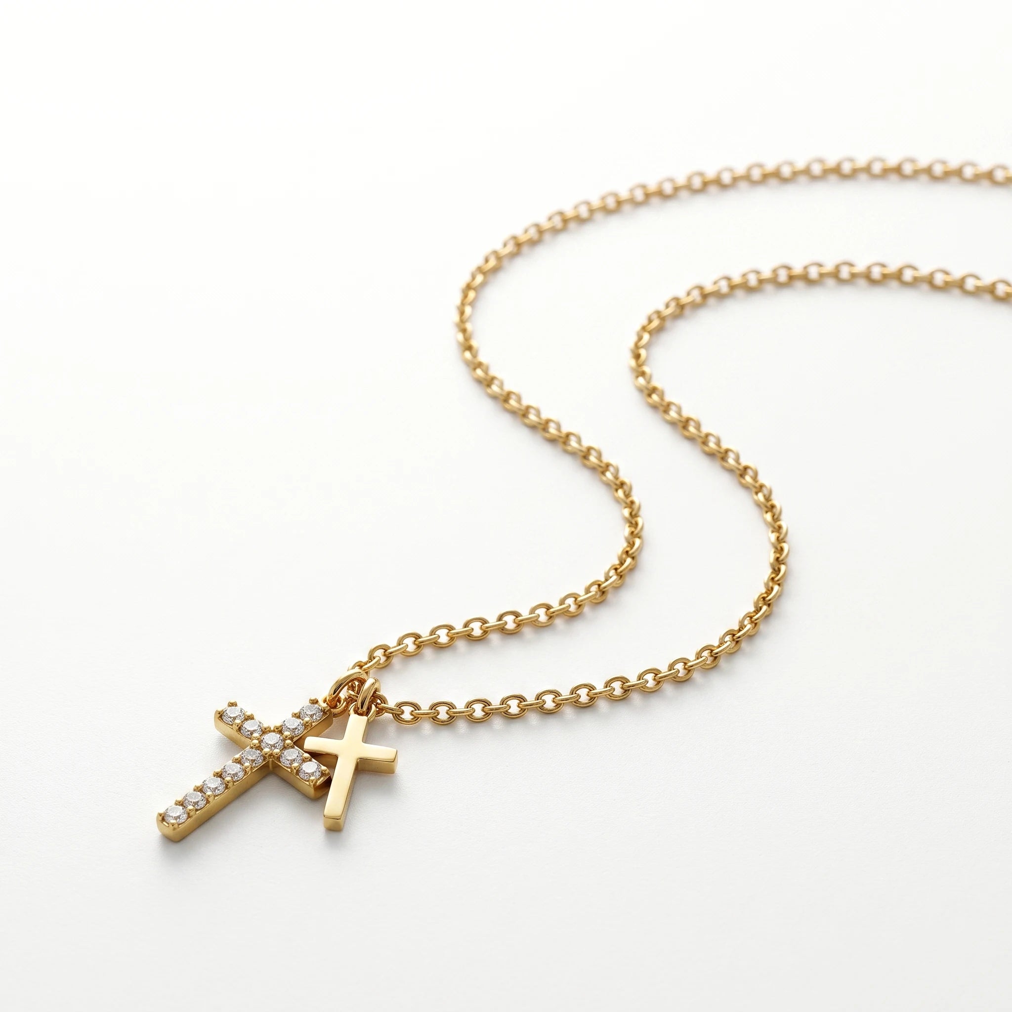 QIAOREN 13753 Thin Oval Link Chain Double Cross Pendant Necklace, One Paved Clear Zircon Cross & One Solid Plain Cross Charms