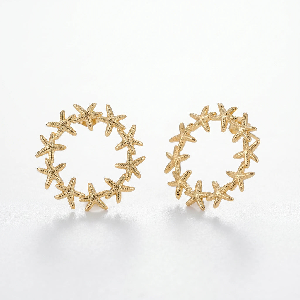 QIAOREN 14063 Starfish Wreath Circle Stud Earrings, Hollow Round Starfish Ring Ear Stud Jewelry Gift for Daily Fashion Outfits