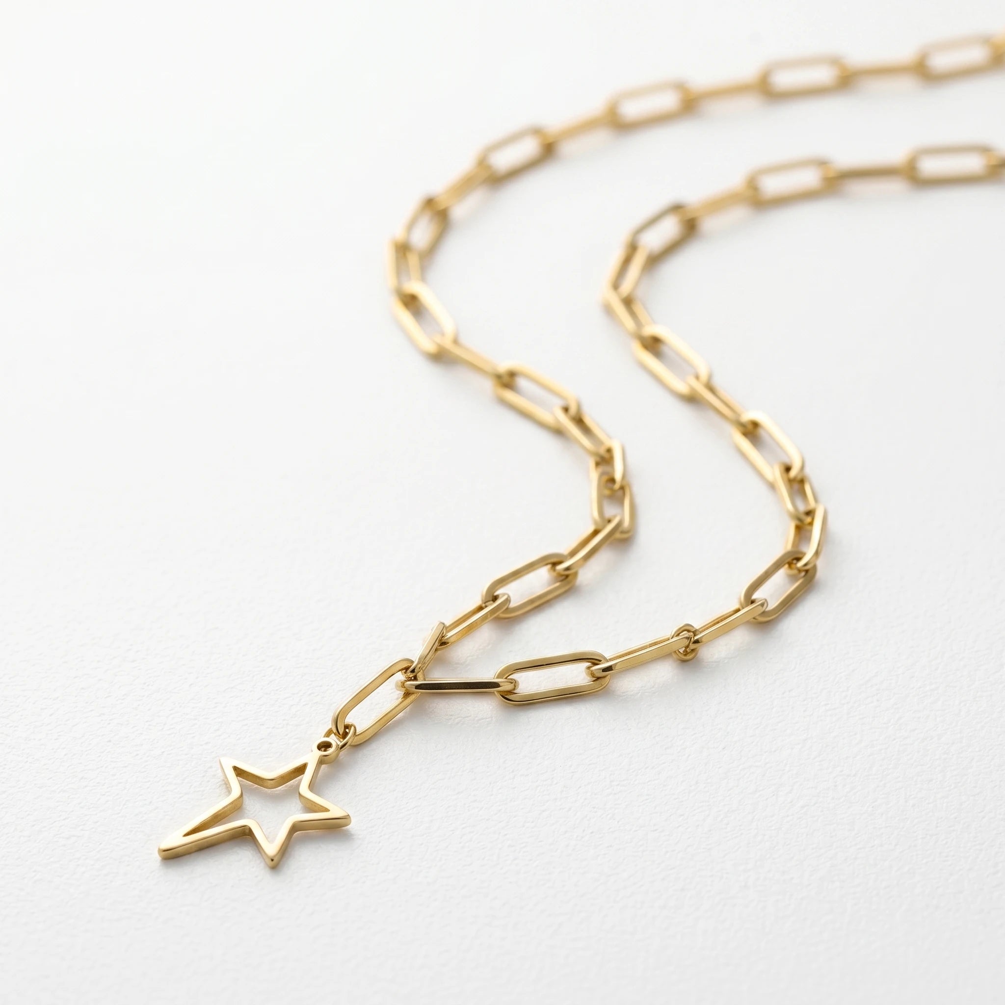 QIAOREN  11959 Gold Plated Stainless Steel Paperclip Chain Necklace Hollow Open Star Drop Pendant Dainty Daily Jewelry Gift