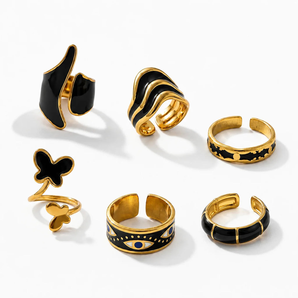 QIAOREN 14226-31 Black Enamel Irregular Wave Open Ring Set, Abstract Curved Adjustable Stackable Ring Jewelry Gift