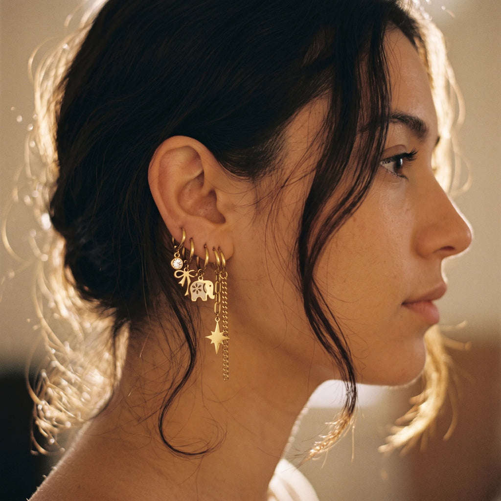 QIAOREN 14478 Stainless Steel Gold Dangle Huggie Hoop Earrings Set, Enamel Elephant, Bow, North Star & Chain Tassel Ear Jewelry