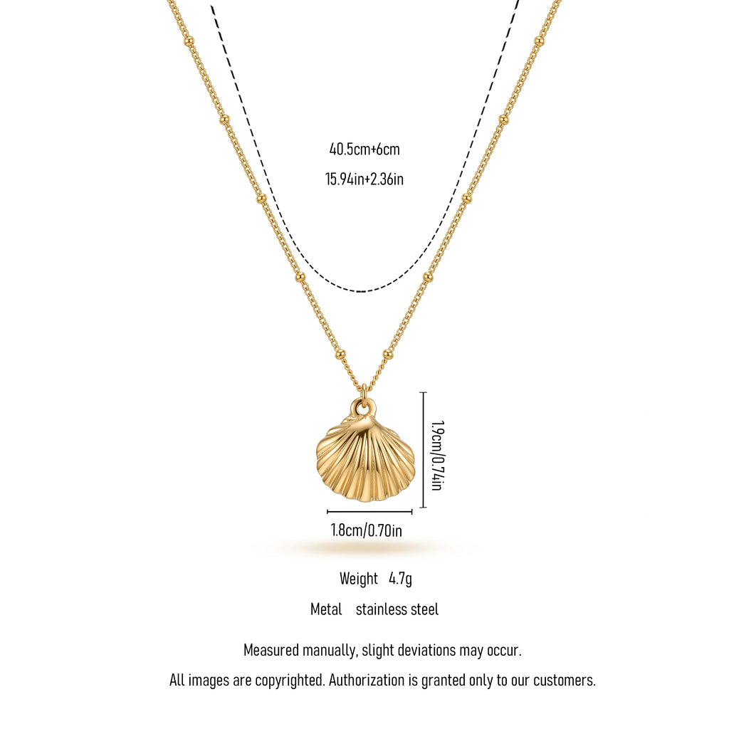QIAOREN 13552 Stainless Steel Shell Necklace Gold Seashell Pendant Beaded Chain Summer Beach Jewelry Women Fashion Accessories