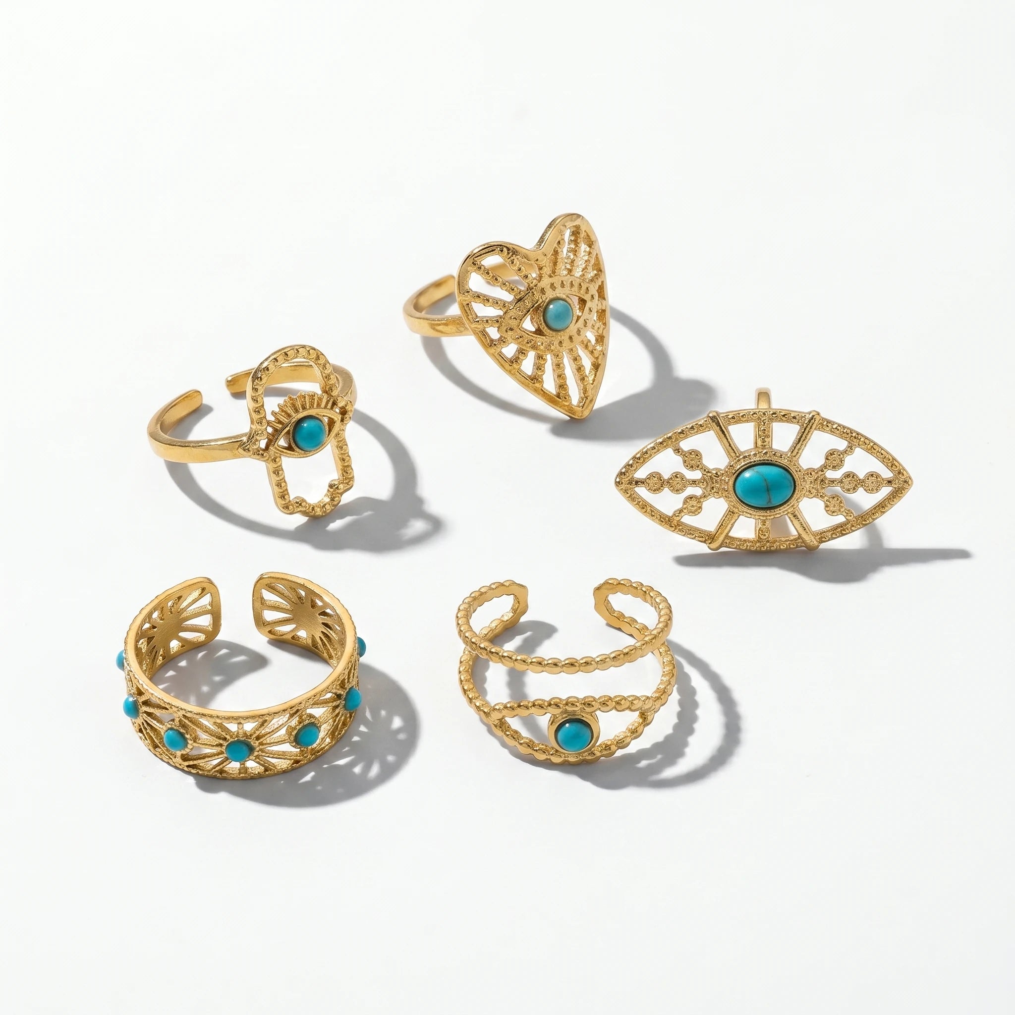 QIAOREN 13155-60 5Pcs Gold Turquoise Open Ring Set Boho Hollow Adjustable Stackable Stainless Steel Jewelry for Women