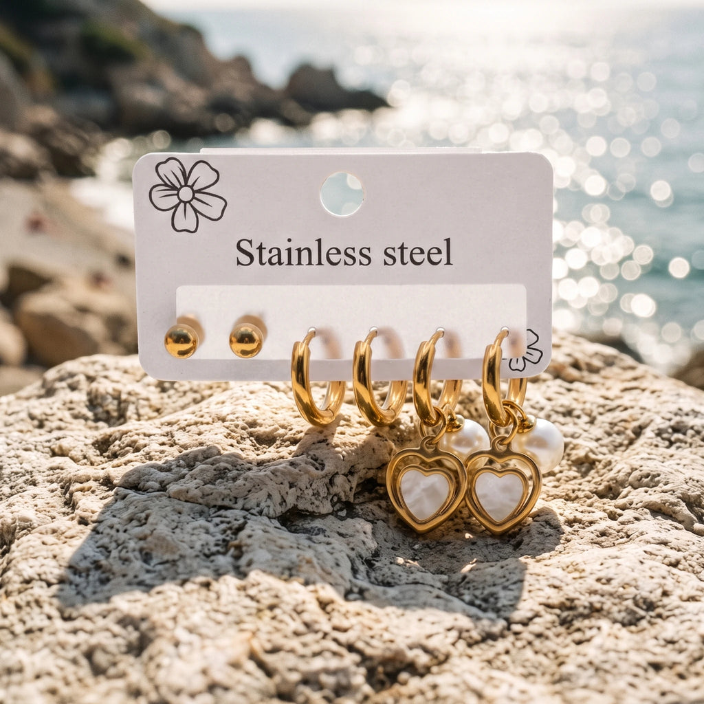QIAOREN 14501 3 Pcs Stainless Steel Gold Ball Studs Plain Double Layer Quartz Heart Pearl Dangle Earrings Multi Pack Gift