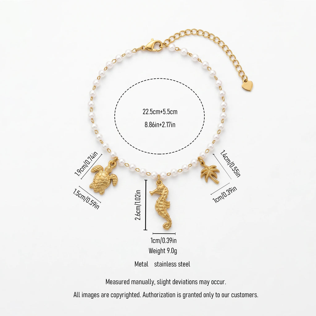 QIAOREN 13330 Beach Pearl Anklet with Sea Turtle, Seahorse & Palm Tree Charms, Tropical Coastal Foot Jewelry Gift