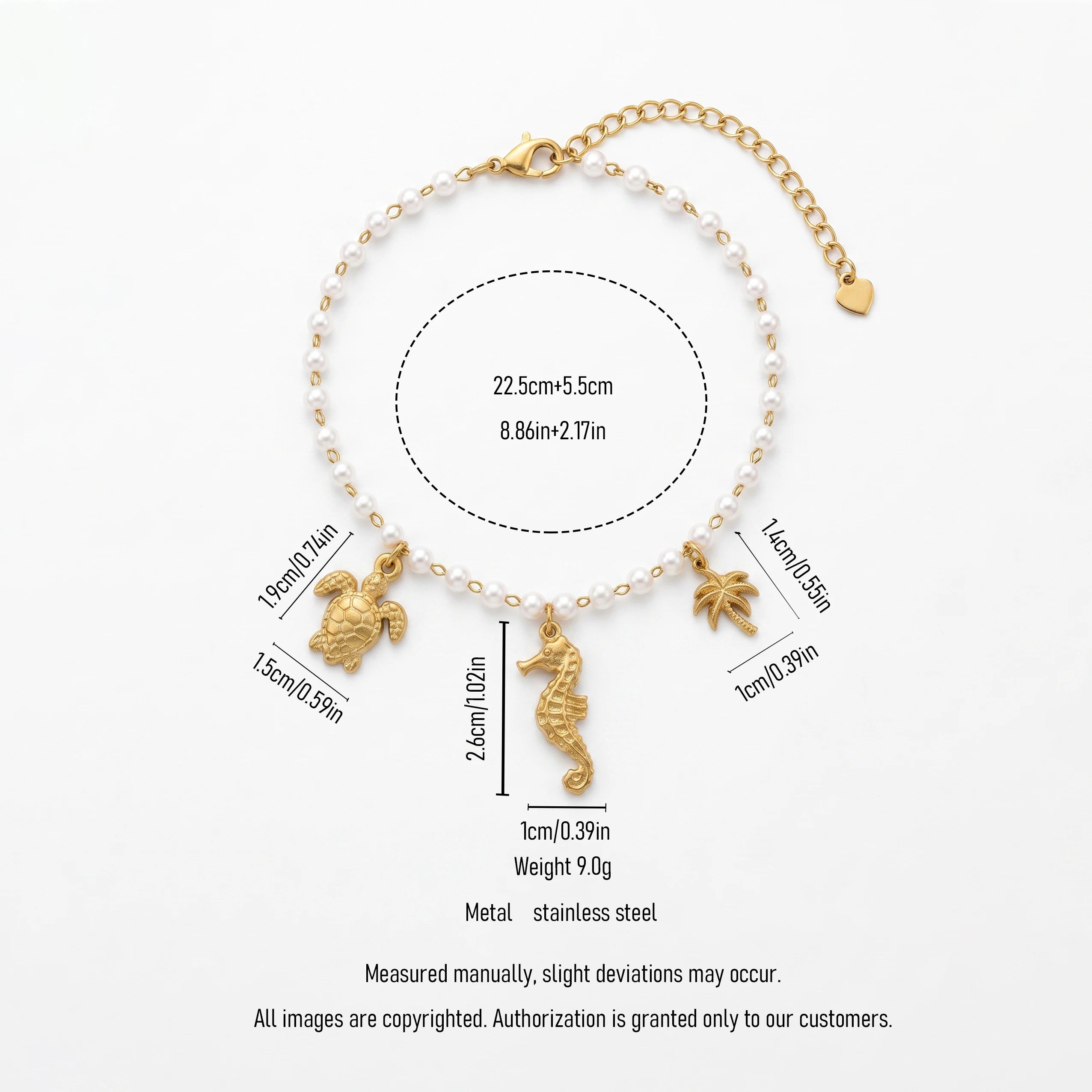 QIAOREN 13330 Beach Pearl Anklet with Sea Turtle, Seahorse & Palm Tree Charms, Tropical Coastal Foot Jewelry Gift