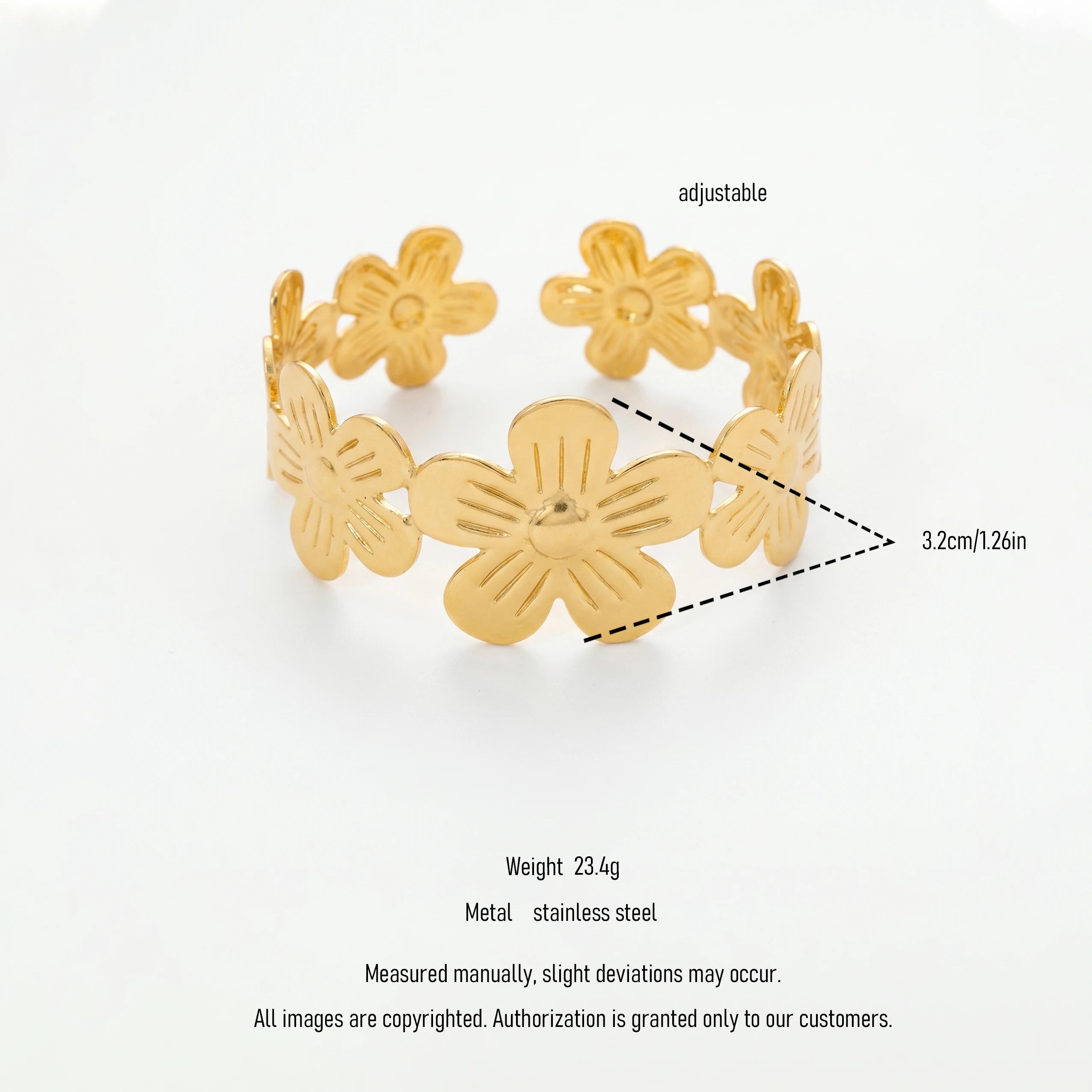 QIAOREN 12709 Sleek Embossed Floral Cluster Adjustable Wide Open Cuff Bracelet Tarnish Free Stainless Steel 18K Gold Lightweight