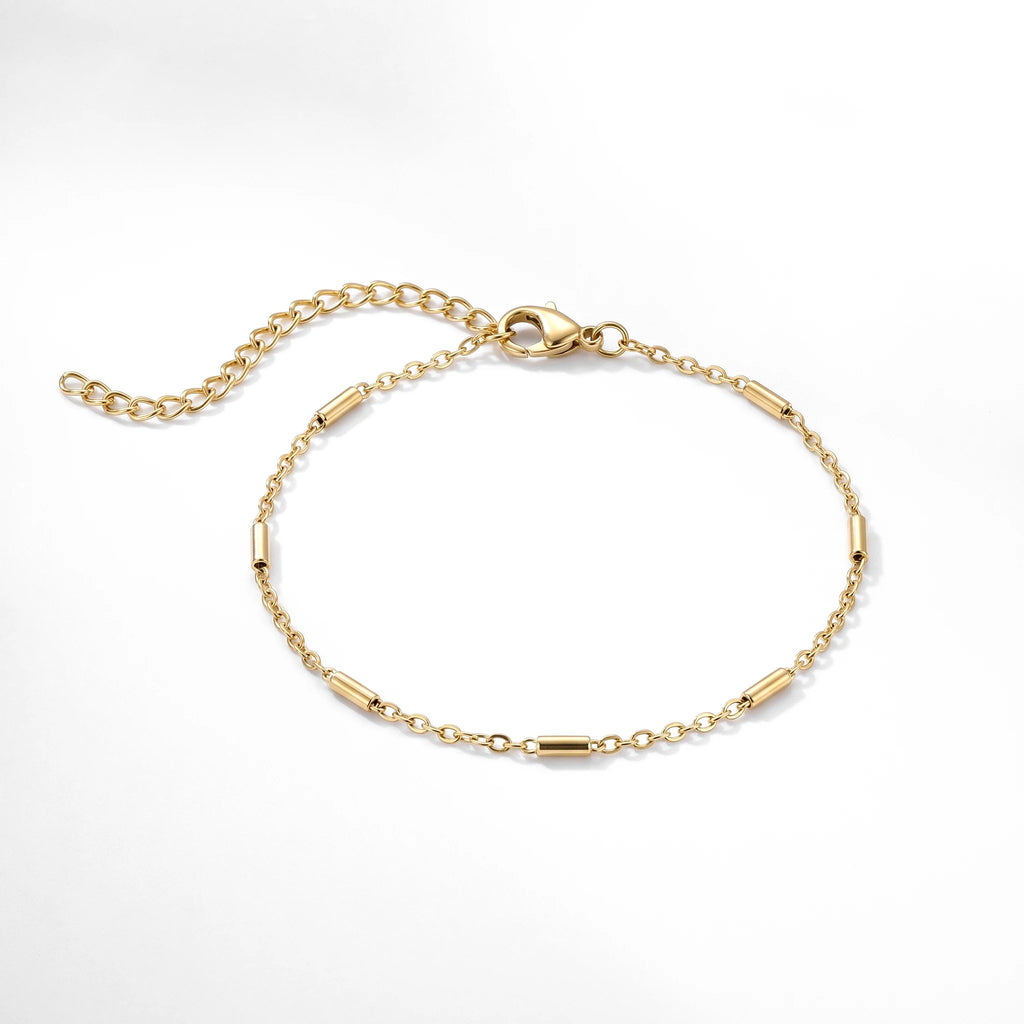 QIAOREN 11083 Waterproof 18K Gold  Minimalist Spaced Tube Bead Chain, Tarnish Resistant Stainless Steel Jewelry for Women