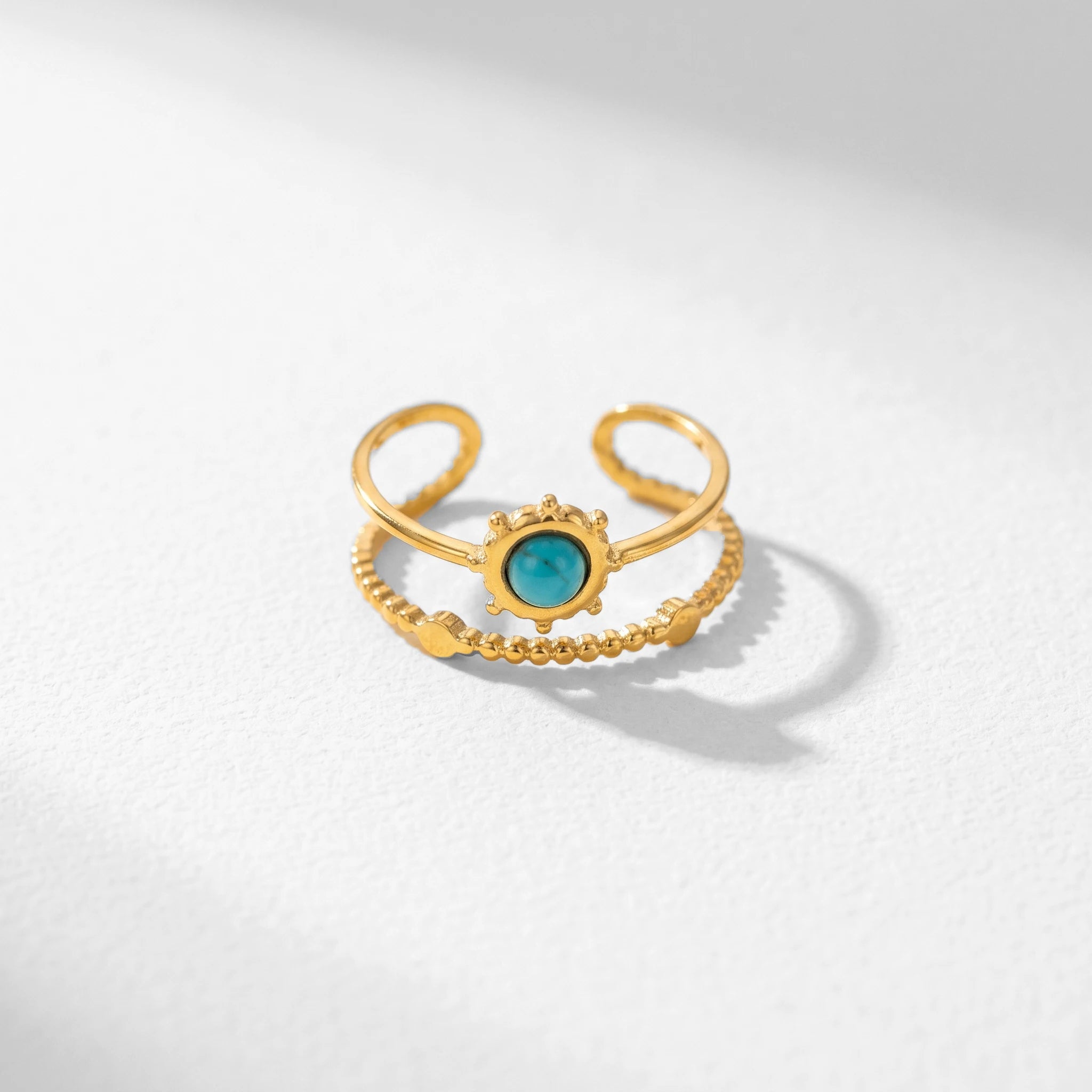 QIAOREN 13146-50 5Pcs Gold Turquoise Open Cuff Ring Set, Boho Hollow Inlaid Turquoise Stainless Steel Stackable Jewelry
