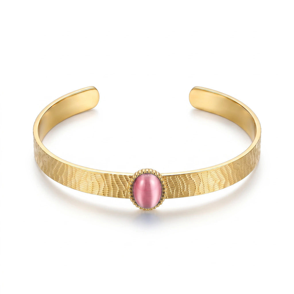 QIAOREN 13665 Textured Wave Open Cuff Bracelet with Oval Blue Cat Eye Stone Bezel Setting, Matte Brush Gold Adjustable Wrist