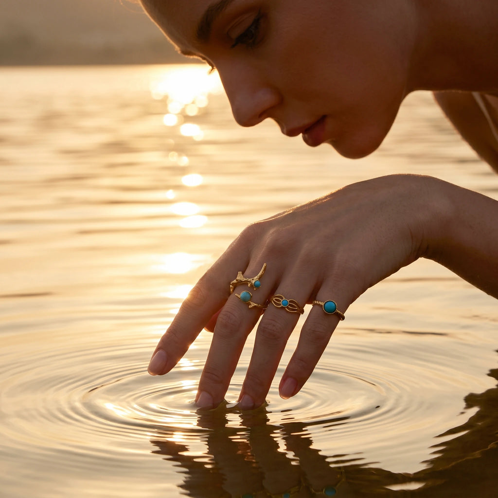 QIAOREN 18K Gold Stainless Steel Turquoise Open Ring Set, Waterproof Vintage Adjustable Boho Stackable Rings