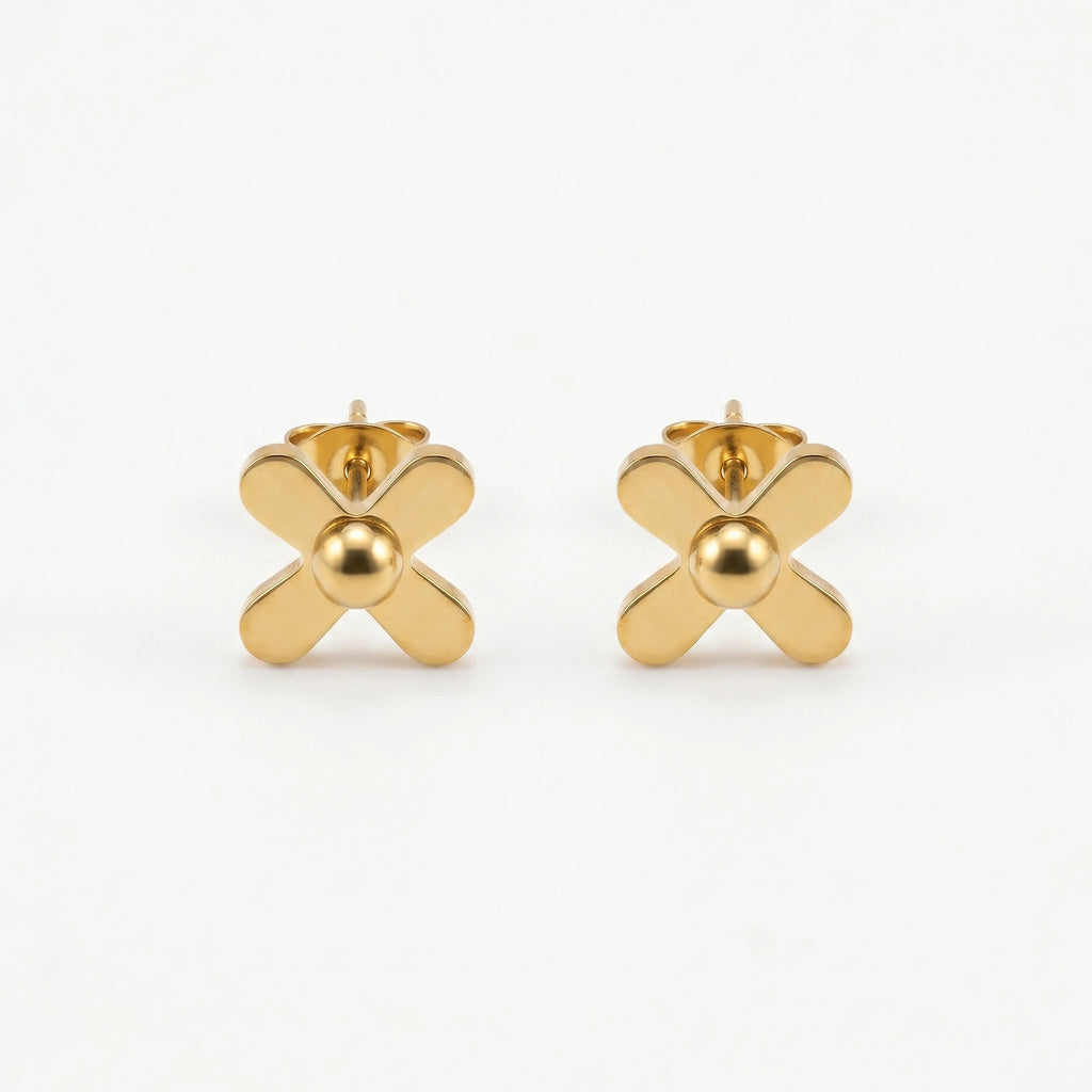QIAOREN 11774  Ins Chic Solid Cross With Central Ball Stainless Steel Stud Earrings Gold Trend Accessory for American European