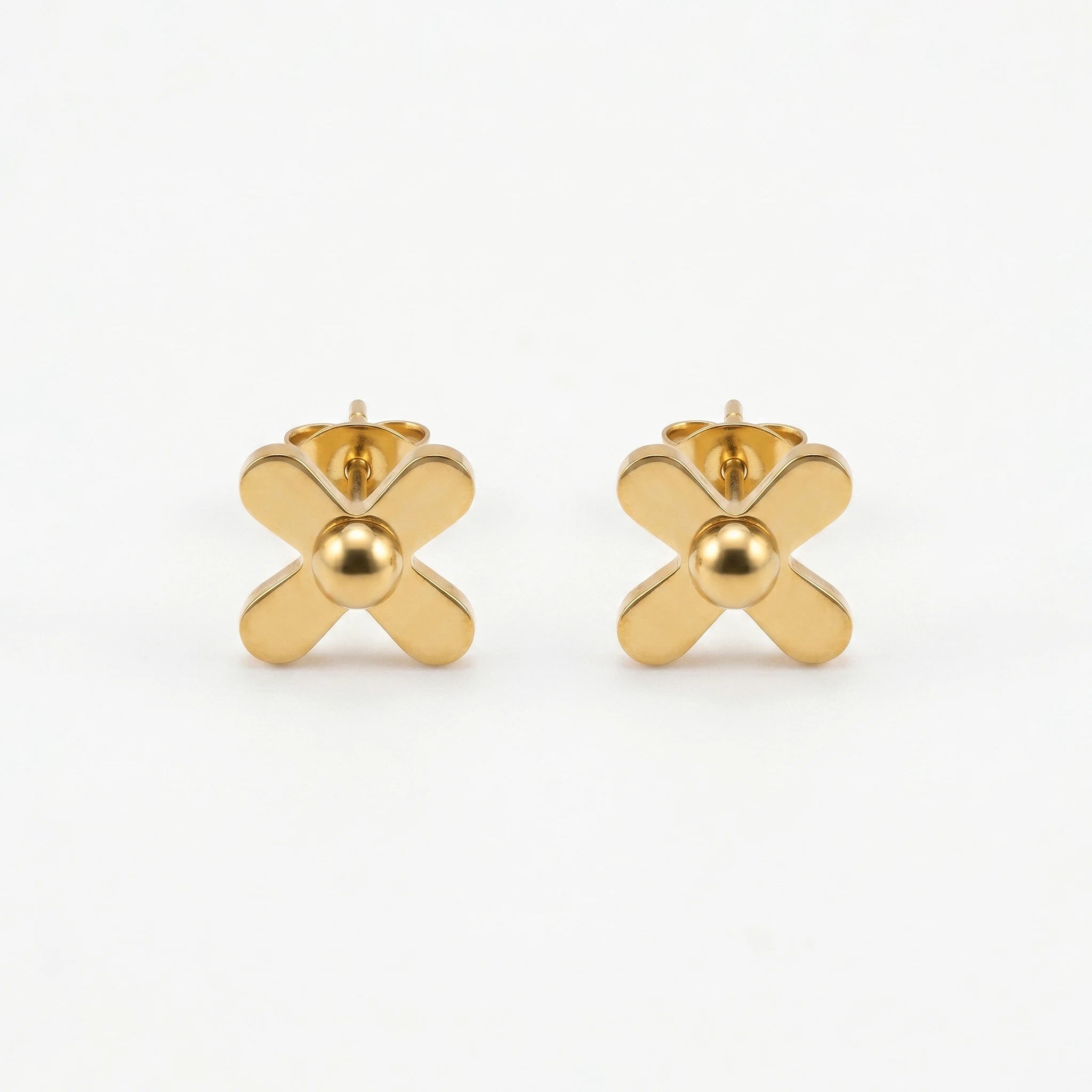 QIAOREN 11774  Ins Chic Solid Cross With Central Ball Stainless Steel Stud Earrings Gold Trend Accessory for American European