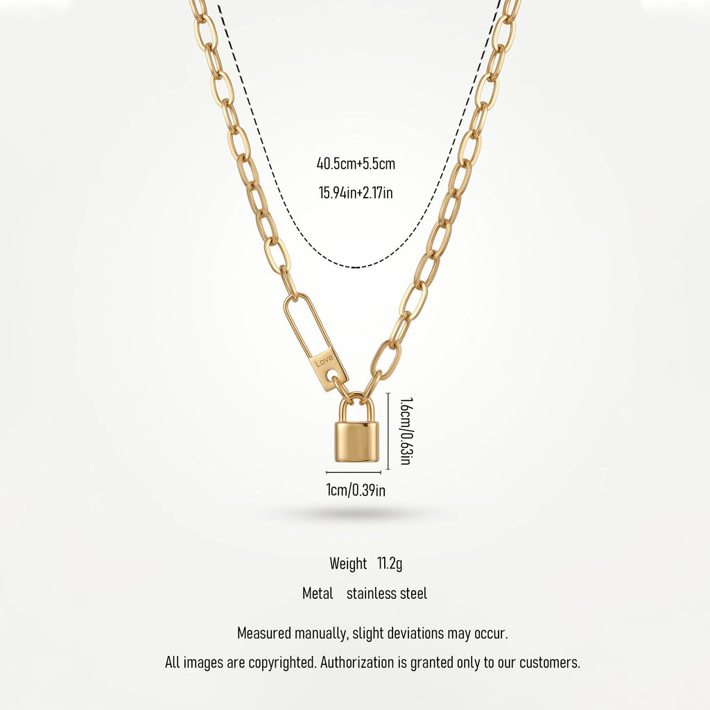 QIAOREN 13567 Gold Stainless Steel Paperclip Chain Necklace with Lock Pendant Minimalist Padlock Jewelry Fashion Gift for Women