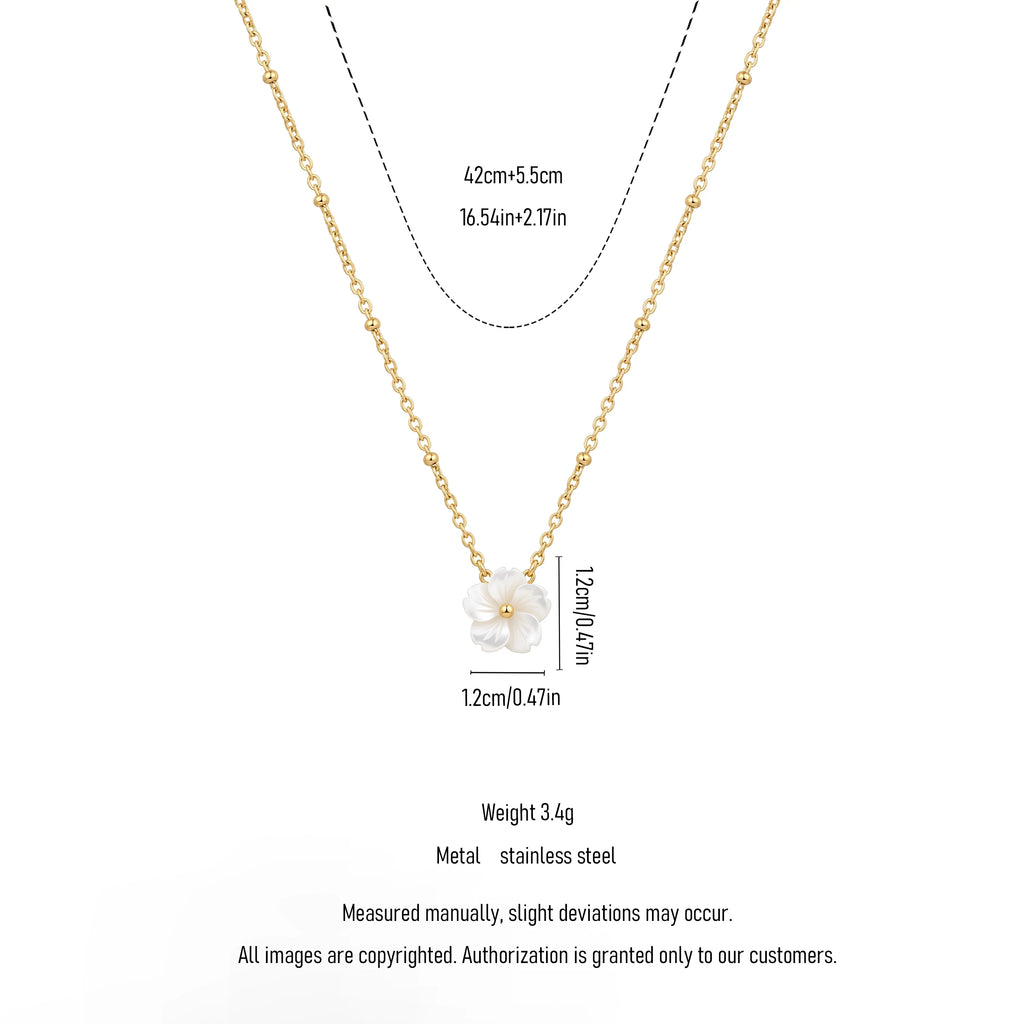 QIAOREN 13523 Dainty White Shell Flower Pendant Station Necklace with Round Beaded Thin Cable Chain, Gold Tiny Floral Necklace