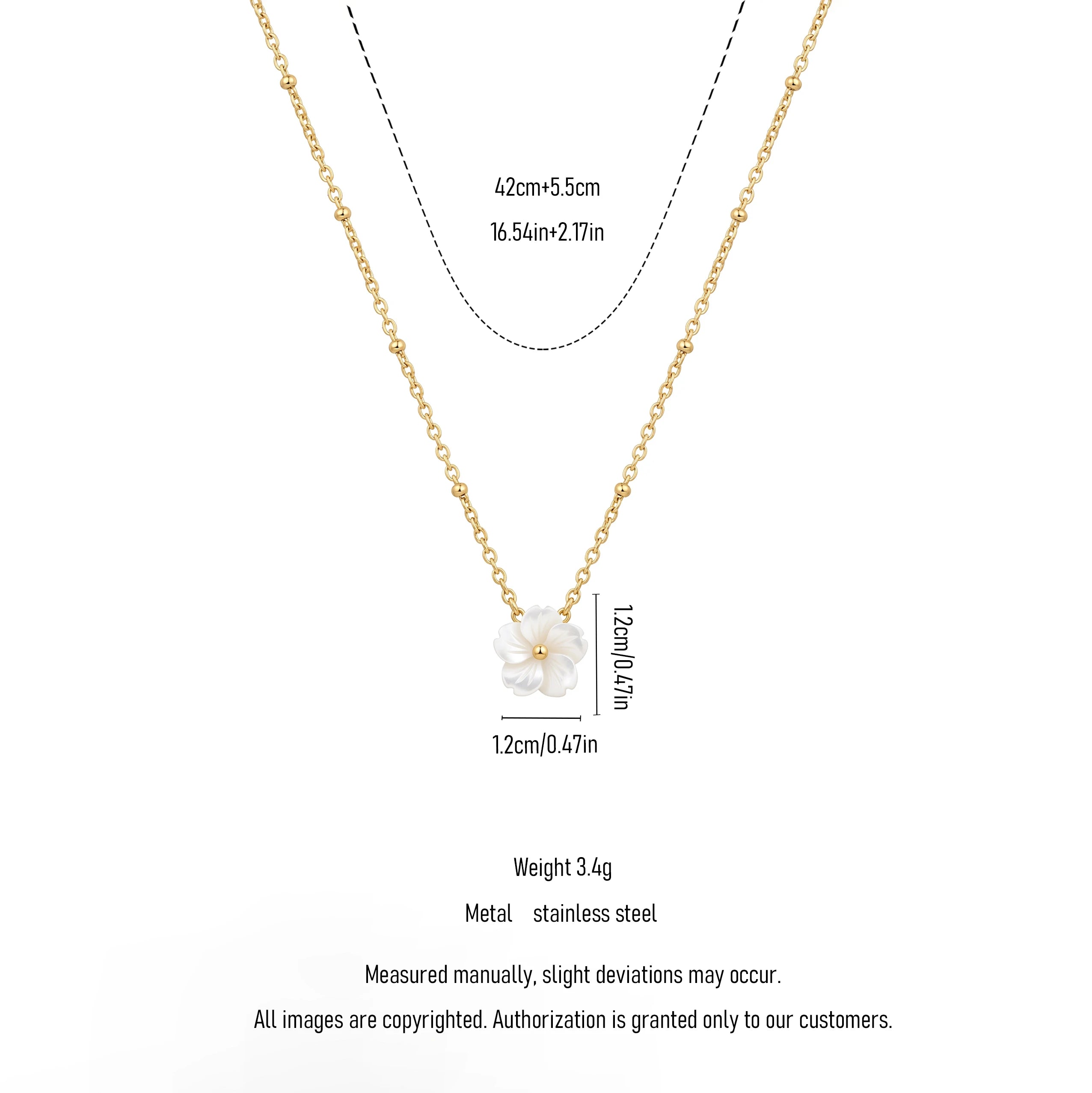 QIAOREN 13523 Dainty White Shell Flower Pendant Station Necklace with Round Beaded Thin Cable Chain, Gold Tiny Floral Necklace