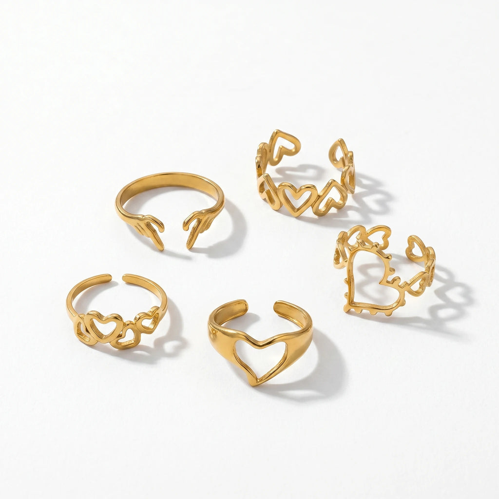 QIAOREN 13066-70 5Pcs 18K Gold Plated Stainless Steel Heart Open Ring Set, Adjustable Stackable Hollow Love Finger Rings