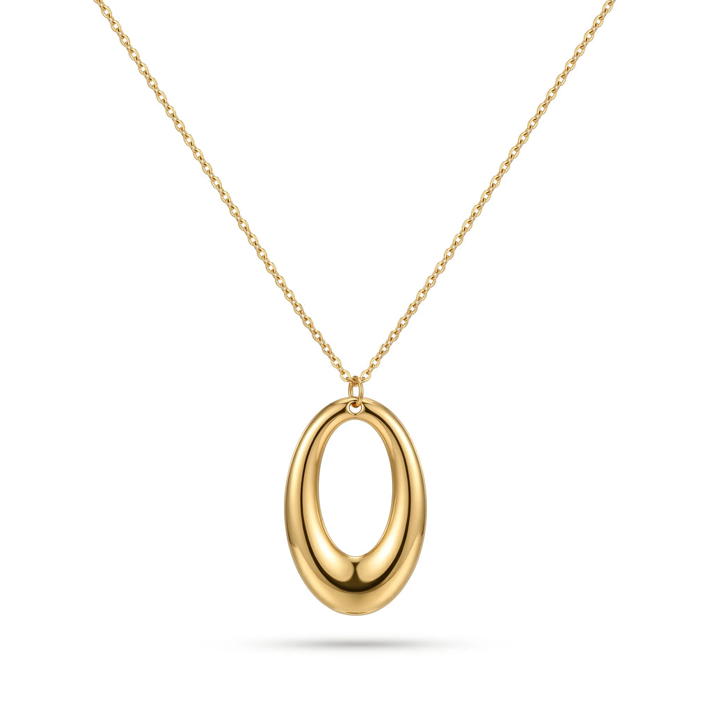 QIAOREN 10594 Oval Hollow Pendant Link Chain Necklace 18K Gold Plated Stainless Steel Waterproof Tarnish Free Jewelry for Women