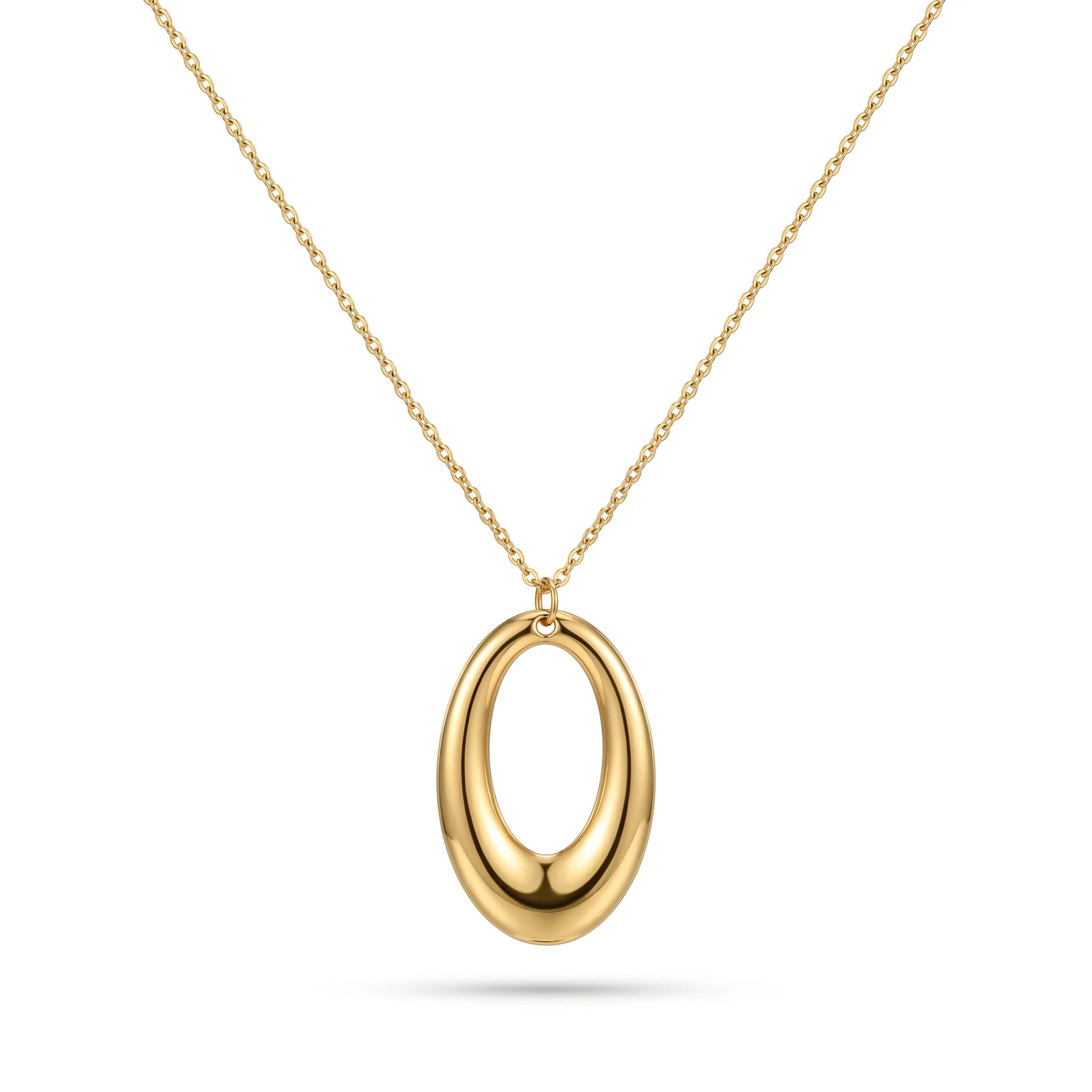 QIAOREN 10594 Oval Hollow Pendant Link Chain Necklace 18K Gold Plated Stainless Steel Waterproof Tarnish Free Jewelry for Women