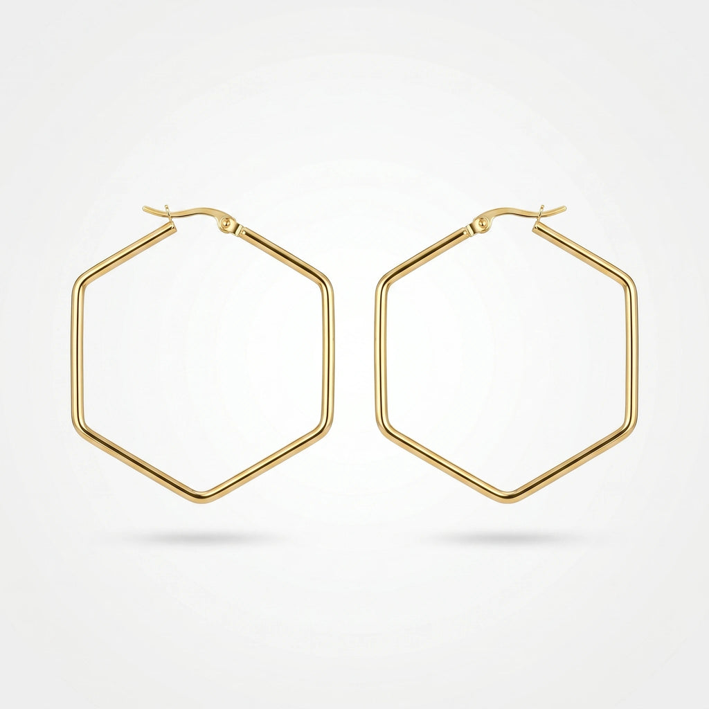QIAOREN 12325 Trendy Geometric Hexagon Hoop Earrings Gold Stainless Steel Sleek Six Sided Polygon Large Hoops Women US EU