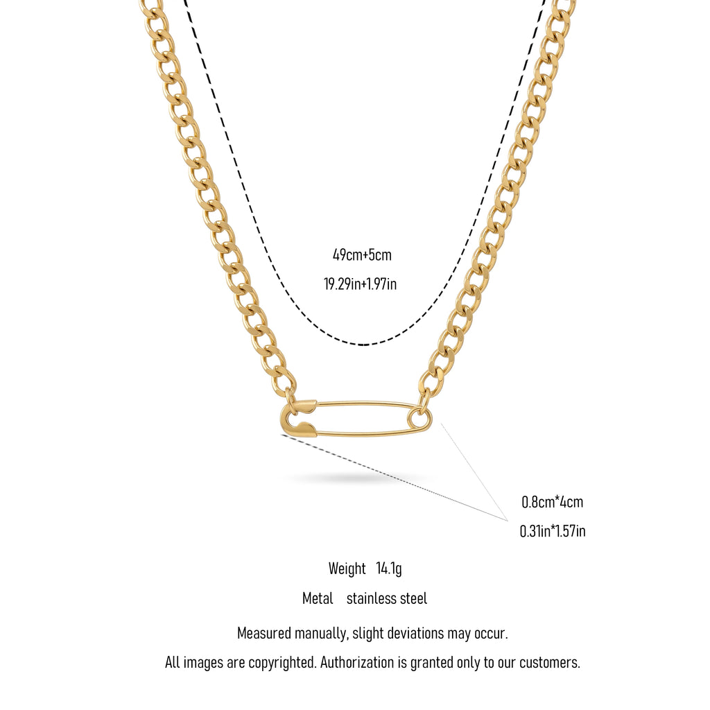 QIAOREN 11833 Edgy Chunky Safety Pin Cuban Chain Necklace 18K Gold Stainless Steel Minimalist Statement Streetwear Jewelry