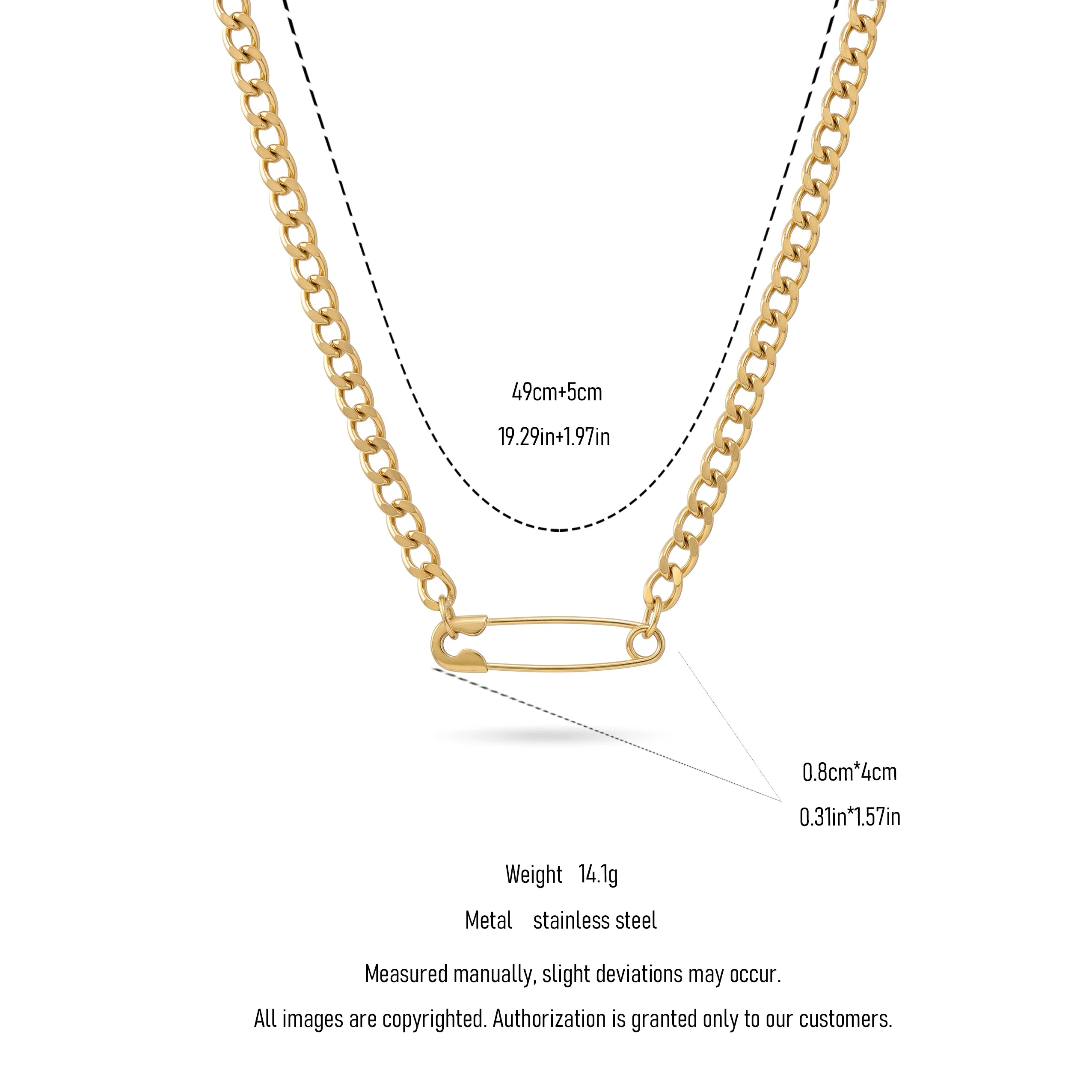 QIAOREN 11833 Edgy Chunky Safety Pin Cuban Chain Necklace 18K Gold Stainless Steel Minimalist Statement Streetwear Jewelry