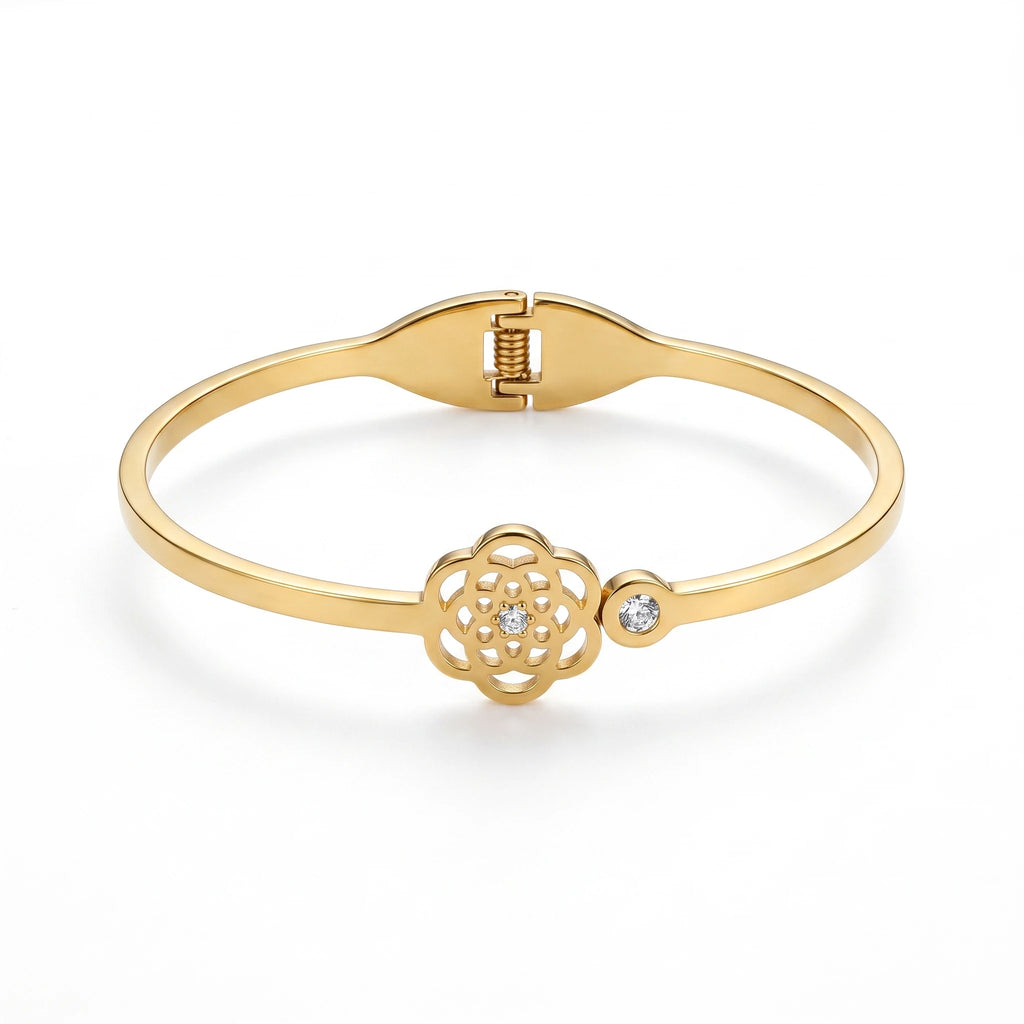 QIAOREN 13654 Spring Opening Cuff Bangle with Hollow Mandala Flower & Side Mini Zircon Dual Charms, Polished Thin Gold Bangle