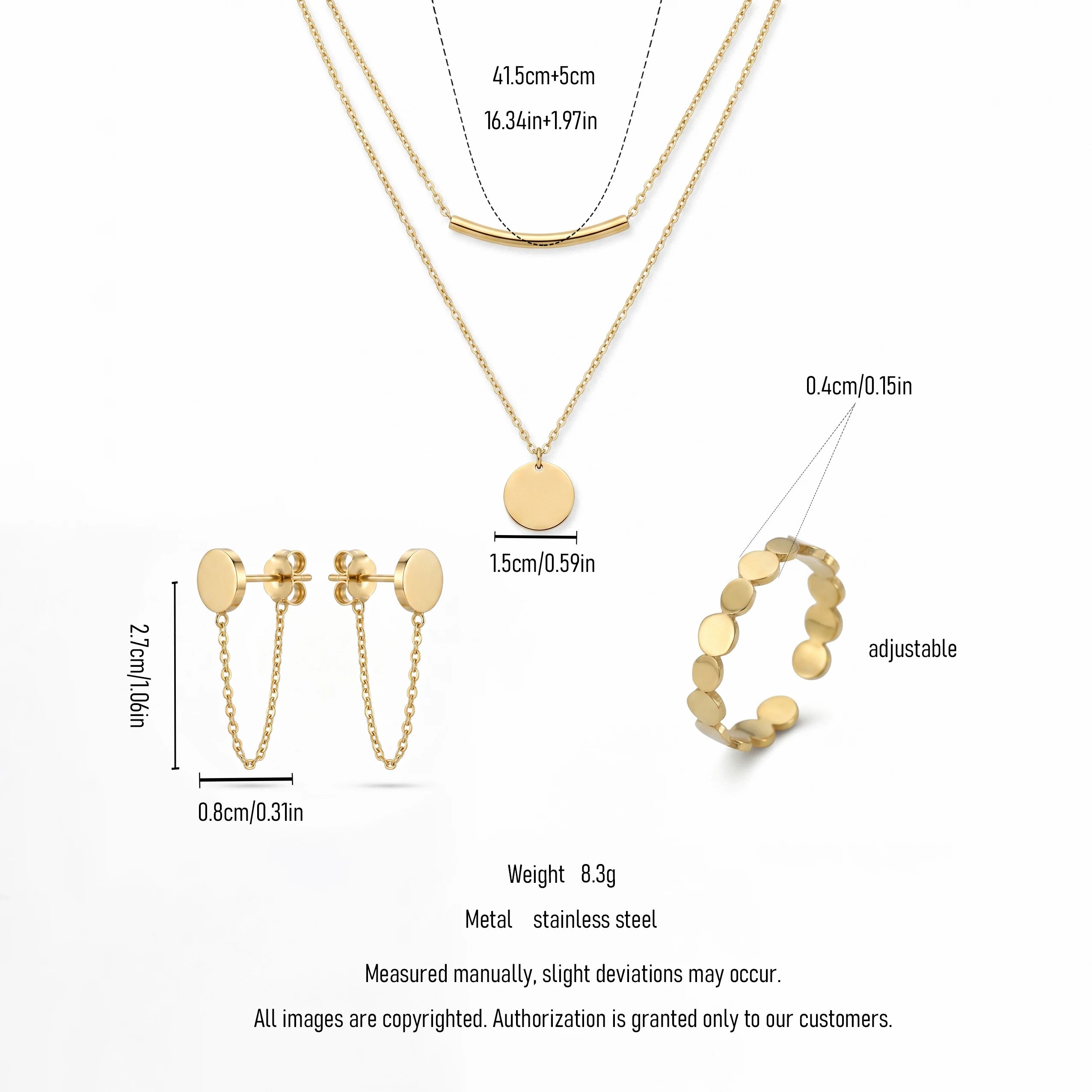 QIAOREN 11593 Waterproof 18K Gold Plated Stainless Steel Jewelry Set Layered Necklace Earrings Ring Everyday Wear