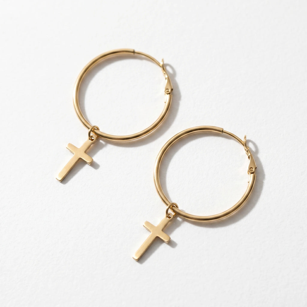 QIAOREN 10907 Women's Boho Style Cross Charm Hoop Earrings 18K Gold Plated Stainless Steel 0.3mm Thickness Beach Vacation Summer
