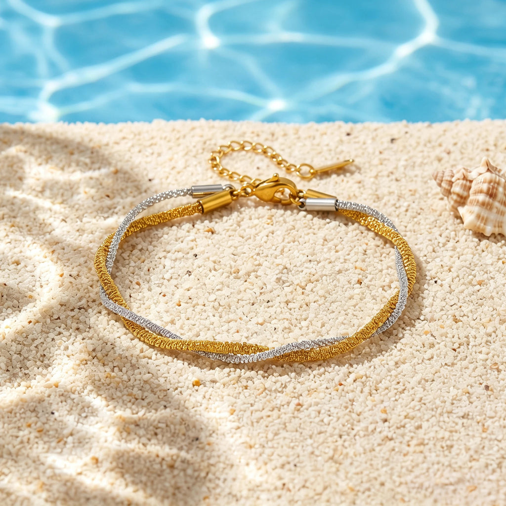 QIAOREN 13545 Two Tone Twisted Sparkly Wire Bracelet, Gold Silver Intertwined Thin Chain Wrist Jewelry