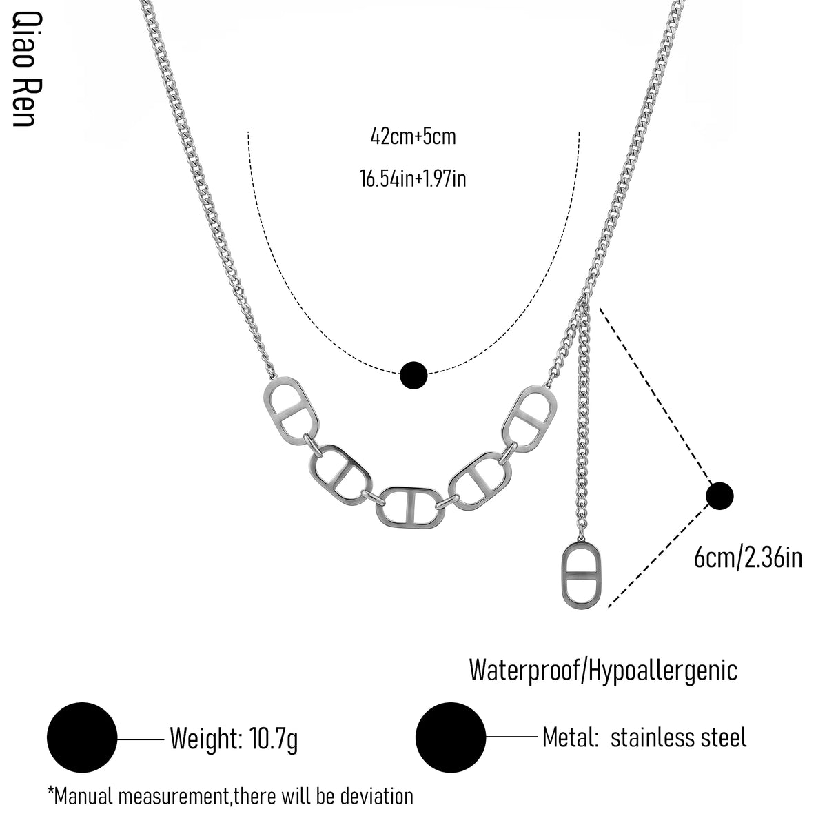 QIAOREN 14146 Link Curved Front Necklace, Oval Cutout Chain With Extension Tab Pendant Jewelry Gift for Daily Fashion Outfits