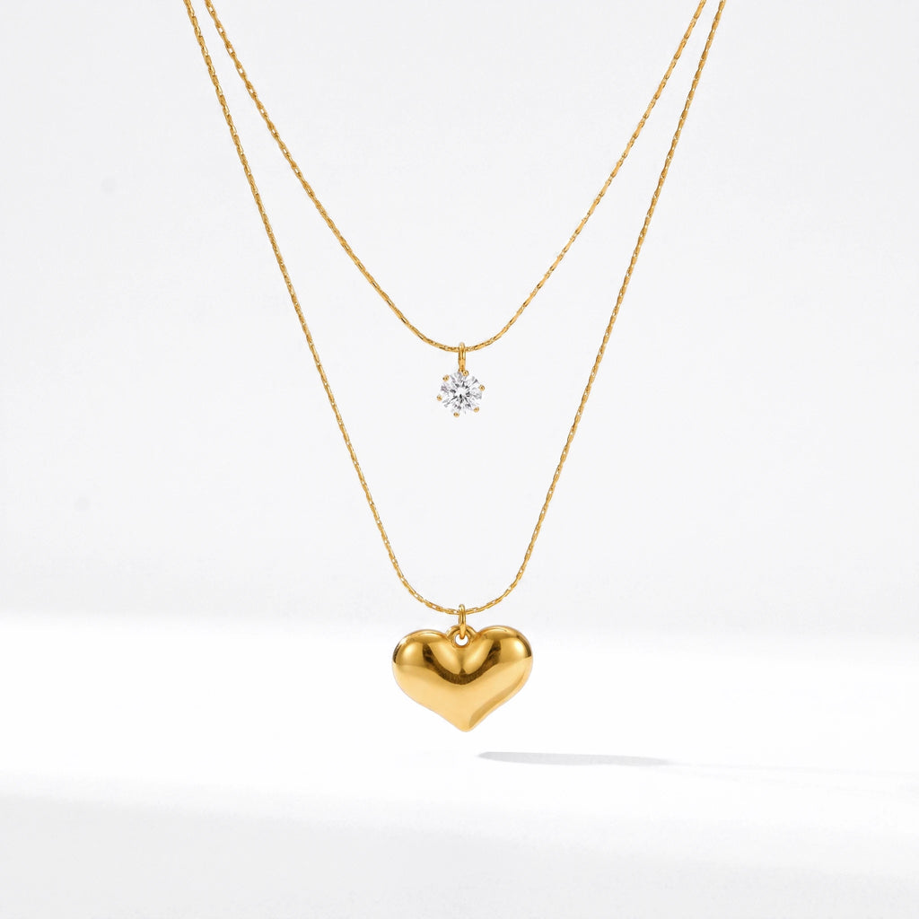 QIAOREN 13481 Dainty Double Layer Snake Chain Necklace with Tiny Round Zircon & Puffy Heart Pendants, Minimalist Layering