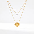 QIAOREN 13481 Dainty Double Layer Snake Chain Necklace with Tiny Round Zircon & Puffy Heart Pendants, Minimalist Layering