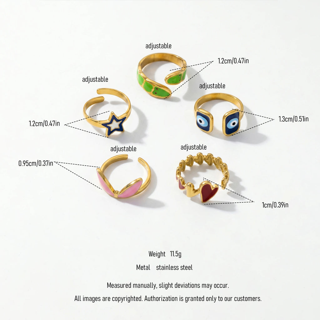 QIAOREN Stainless Steel Adjustable Eye Motif Ring Set Gold Plated Stackable CZ Turquoise Fashion Rings for Women