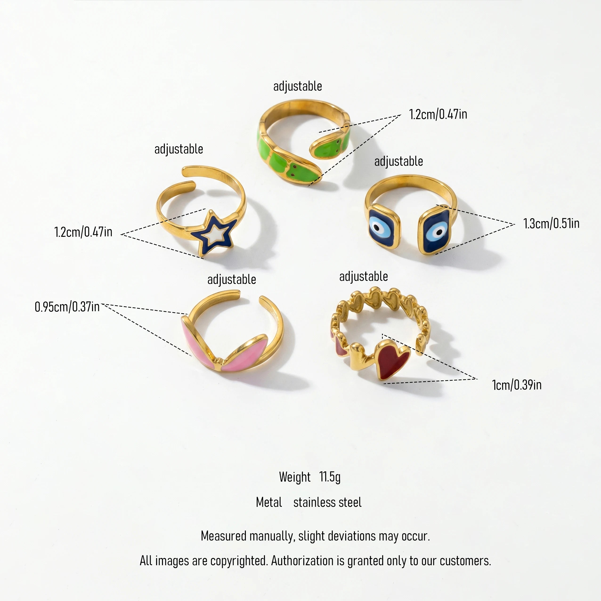 QIAOREN Stainless Steel Adjustable Eye Motif Ring Set Gold Plated Stackable CZ Turquoise Fashion Rings for Women