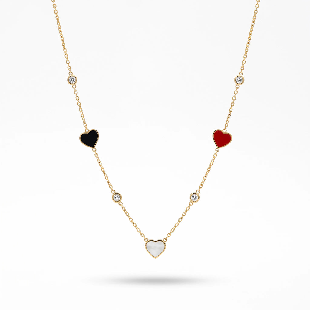 QIAOREN 13498 Three Color Enamel Heart Station Necklace with Tiny Round Crystal Charms, Dainty Thin Cable Chain Necklace