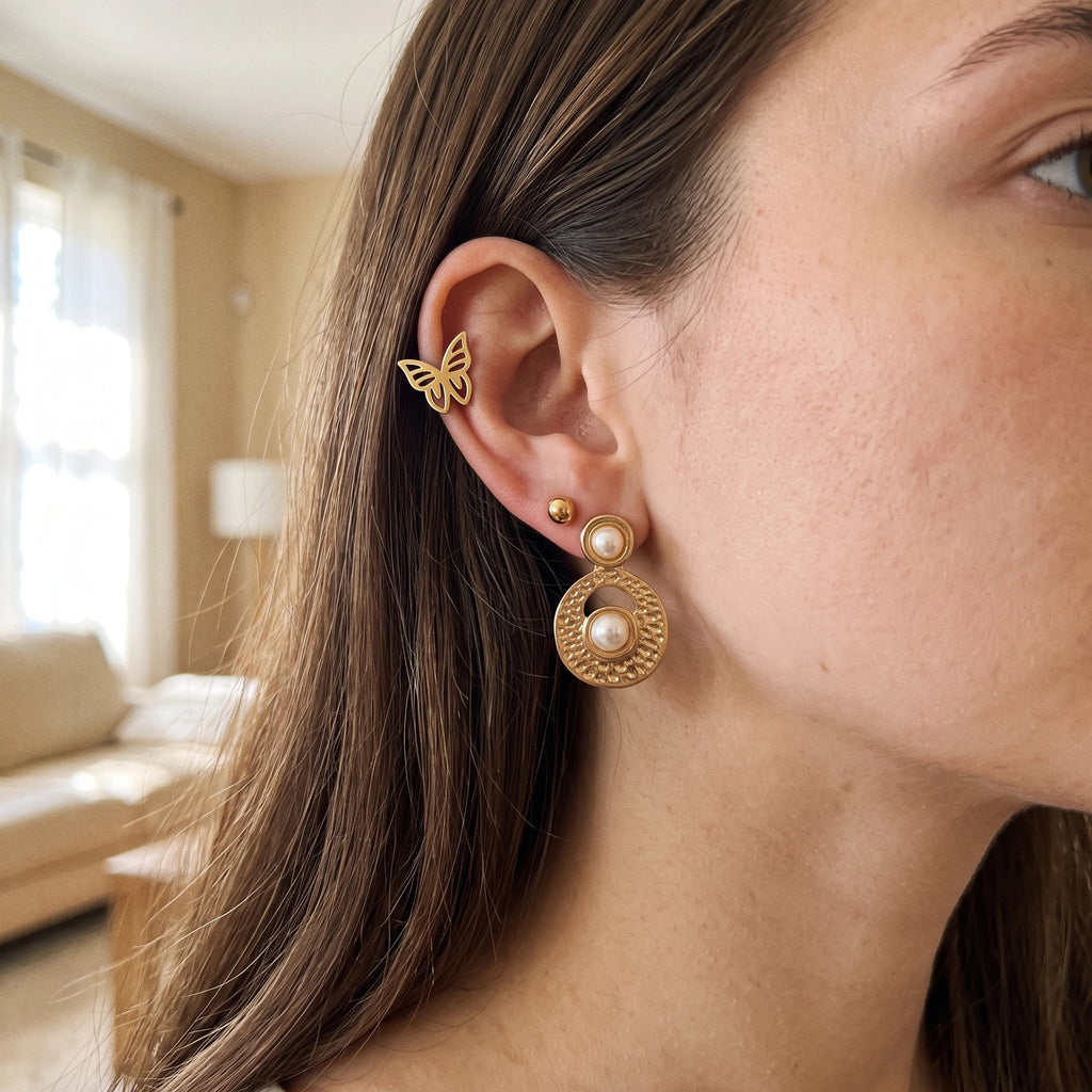 QIAOREN 14482 3 Pair Gold Stainless Steel Earrings Set, Leopard Textured Double Circle Pearl, Butterfly & Ball Stud Earrings
